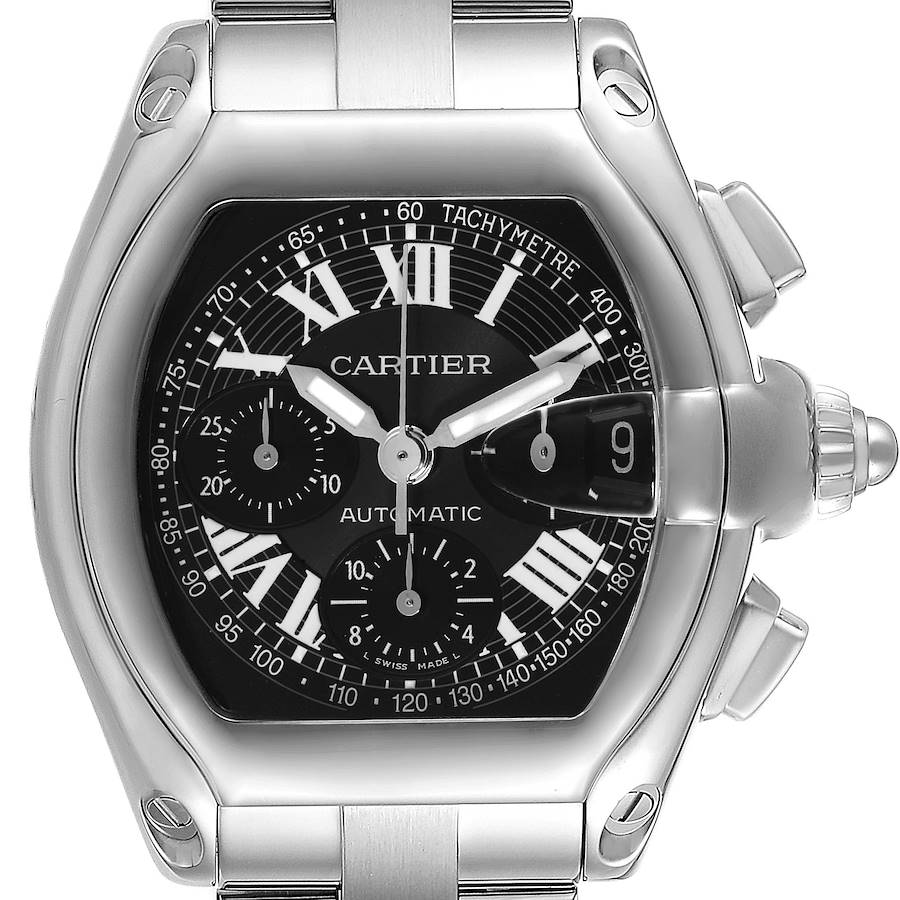 Cartier Roadster Chronograph Black Dial Mens Steel Watch W62007X6 Box Papers SwissWatchExpo