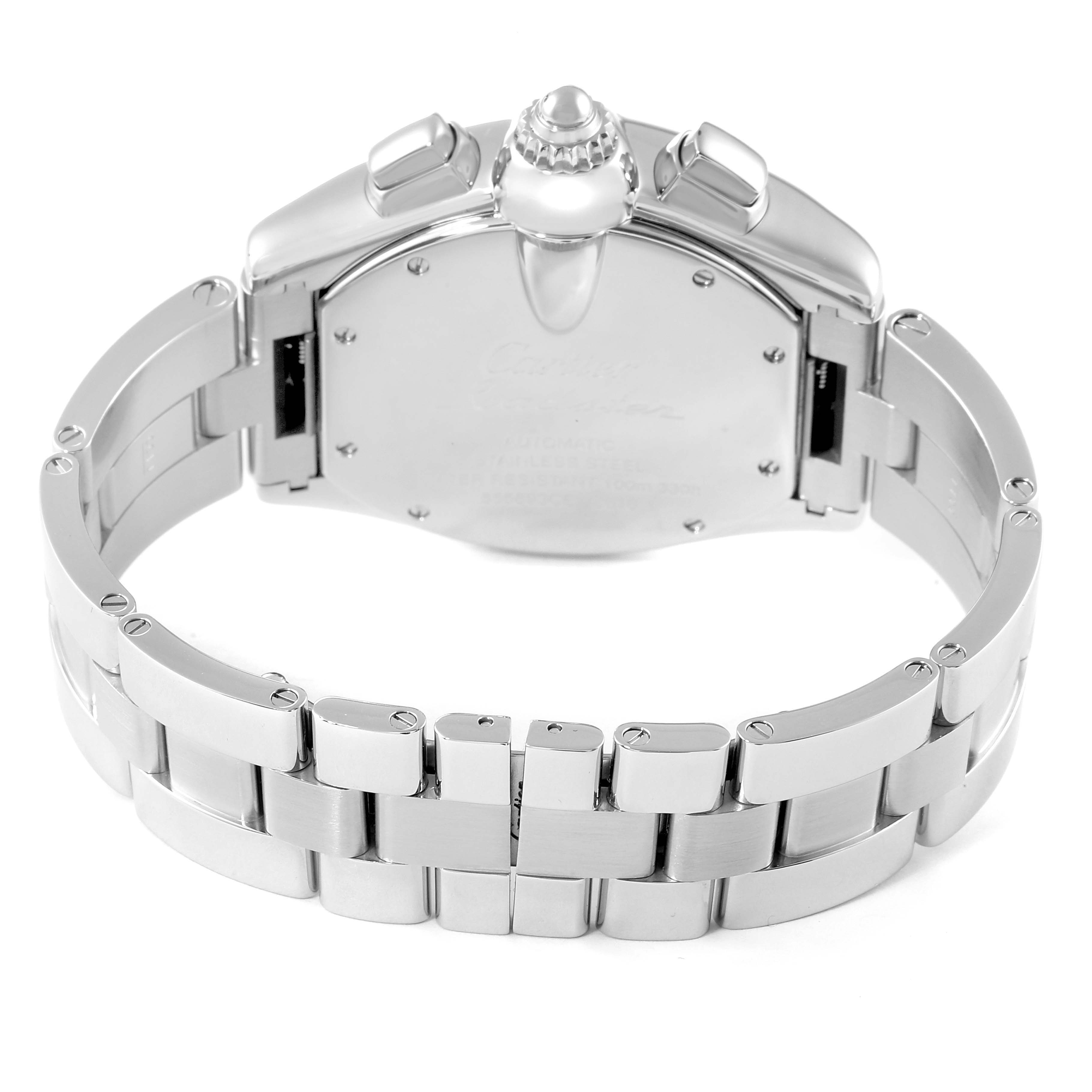 The image shows the back of a Cartier Roadster W62007X6 Men
s Stainless Steel Black Dial W62007X6 Men
s Stainless Steel Black Dial watch, focusing on the bracelet and case back.