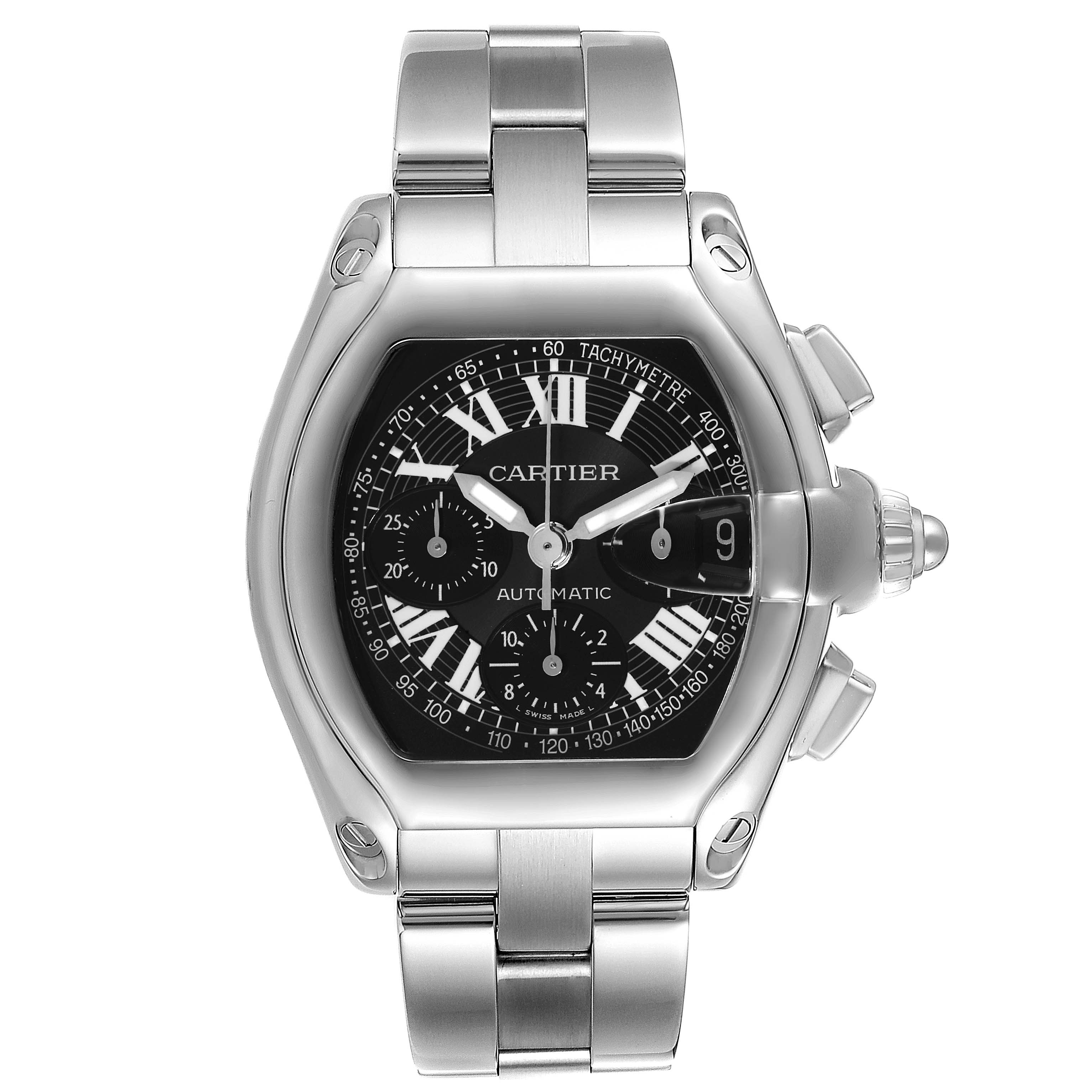 The image shows a front view of the Cartier Roadster W62007X6 Men
s Stainless Steel Black Dial W62007X6 Men
s Stainless Steel Black Dial watch, featuring its dial, bezel, and metal bracelet.