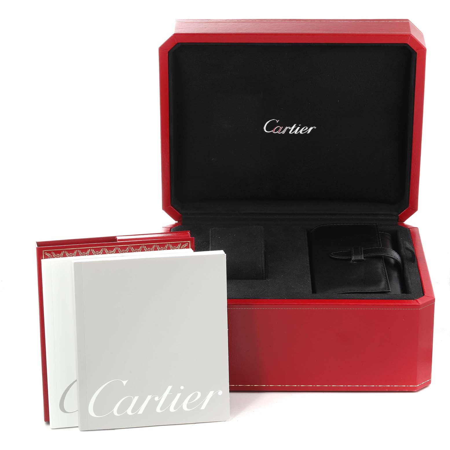 The image shows the packaging and accessories for a Cartier Roadster W62007X6 Men
s Stainless Steel Black Dial W62007X6 Men
s Stainless Steel Black Dial watch, including a red box, manuals, and a leather pouch.