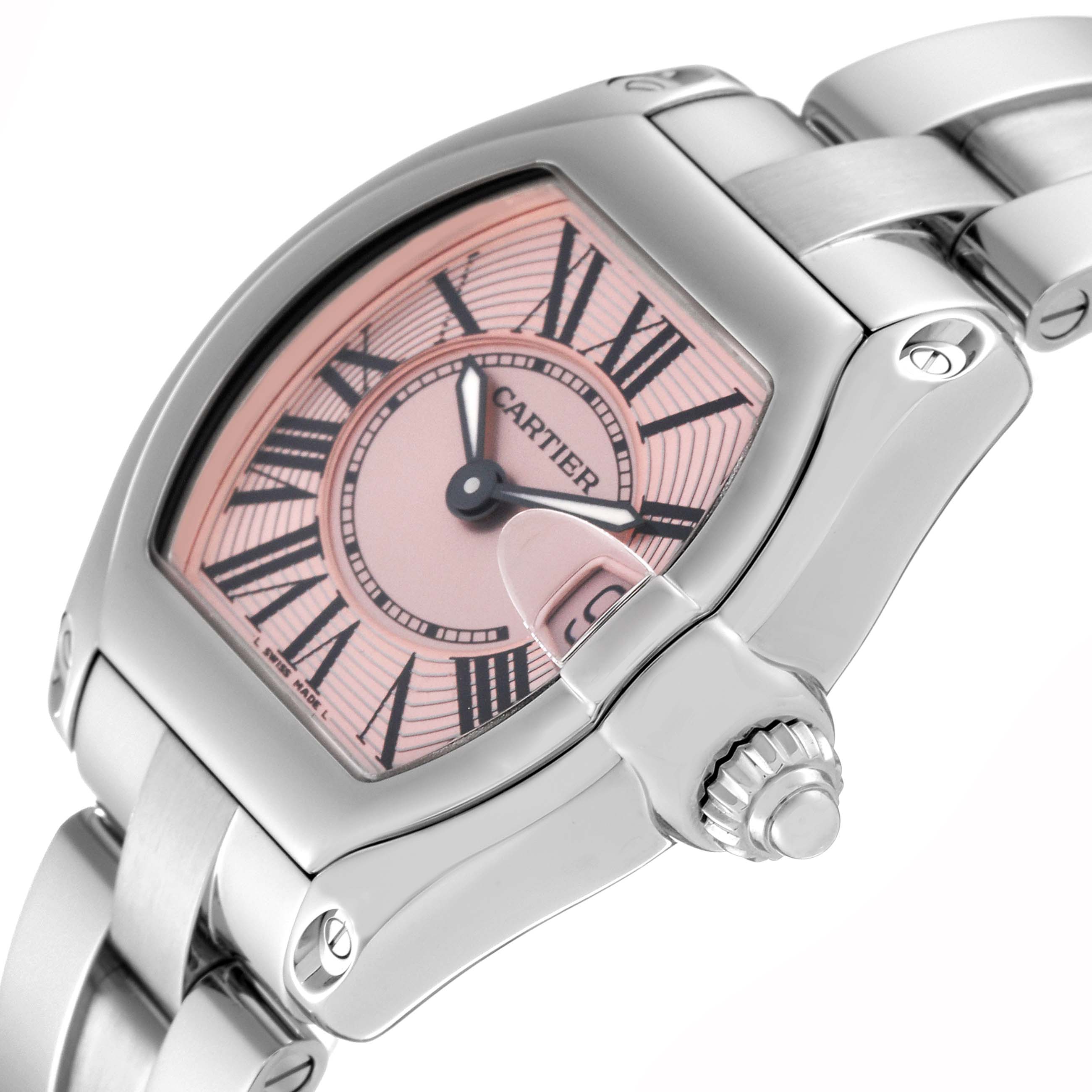 The image shows a close-up side angle of the Cartier Roadster W62017V3 Women's Stainless Steel Pink Dial W62017V3 Women's Stainless Steel Pink Dial watch, highlighting its pink dial, Roman numerals, and stainless steel bracelet.