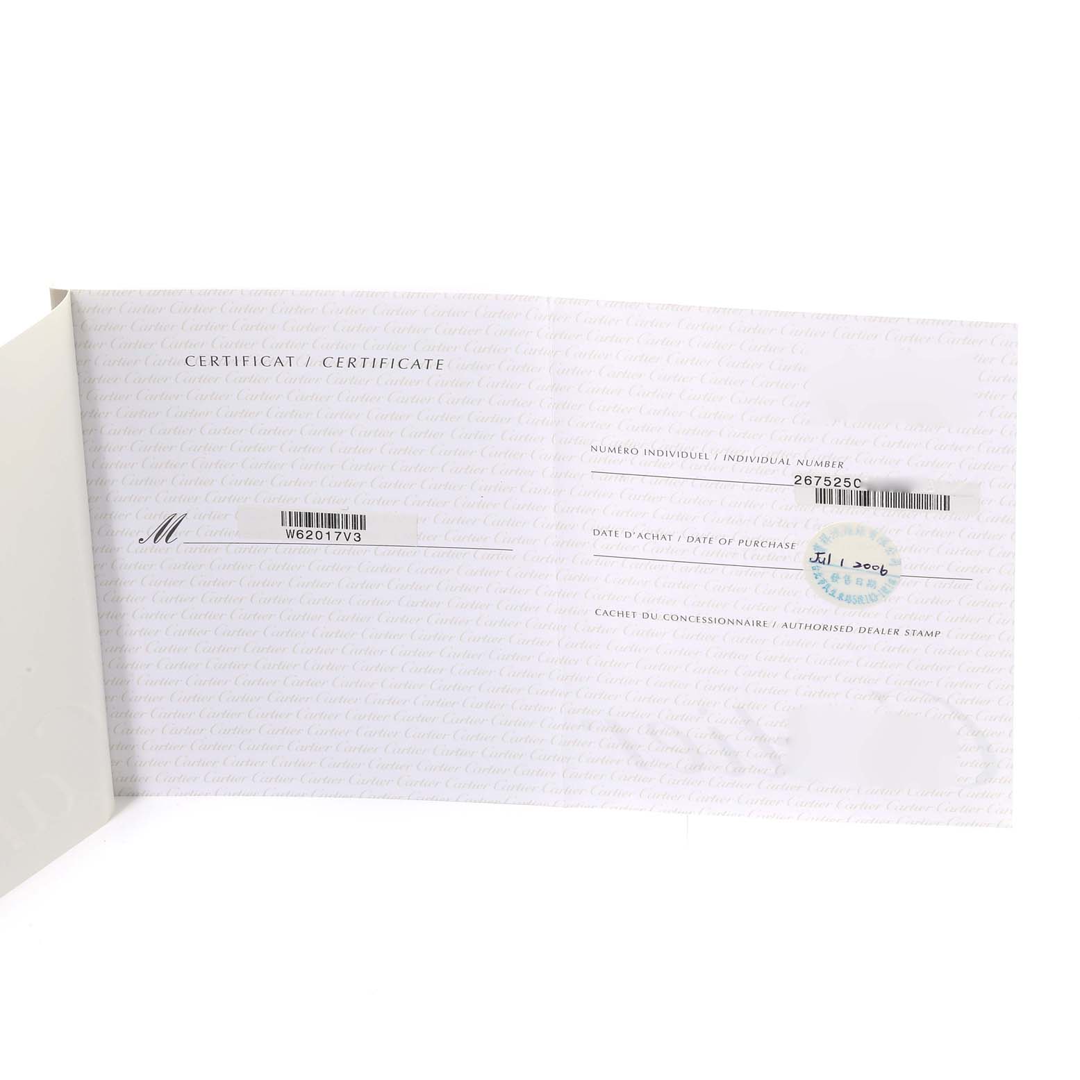 The image shows a close-up of the certificate for the Cartier Roadster W62017V3 Women's Stainless Steel Pink Dial W62017V3 Women's Stainless Steel Pink Dial watch model.