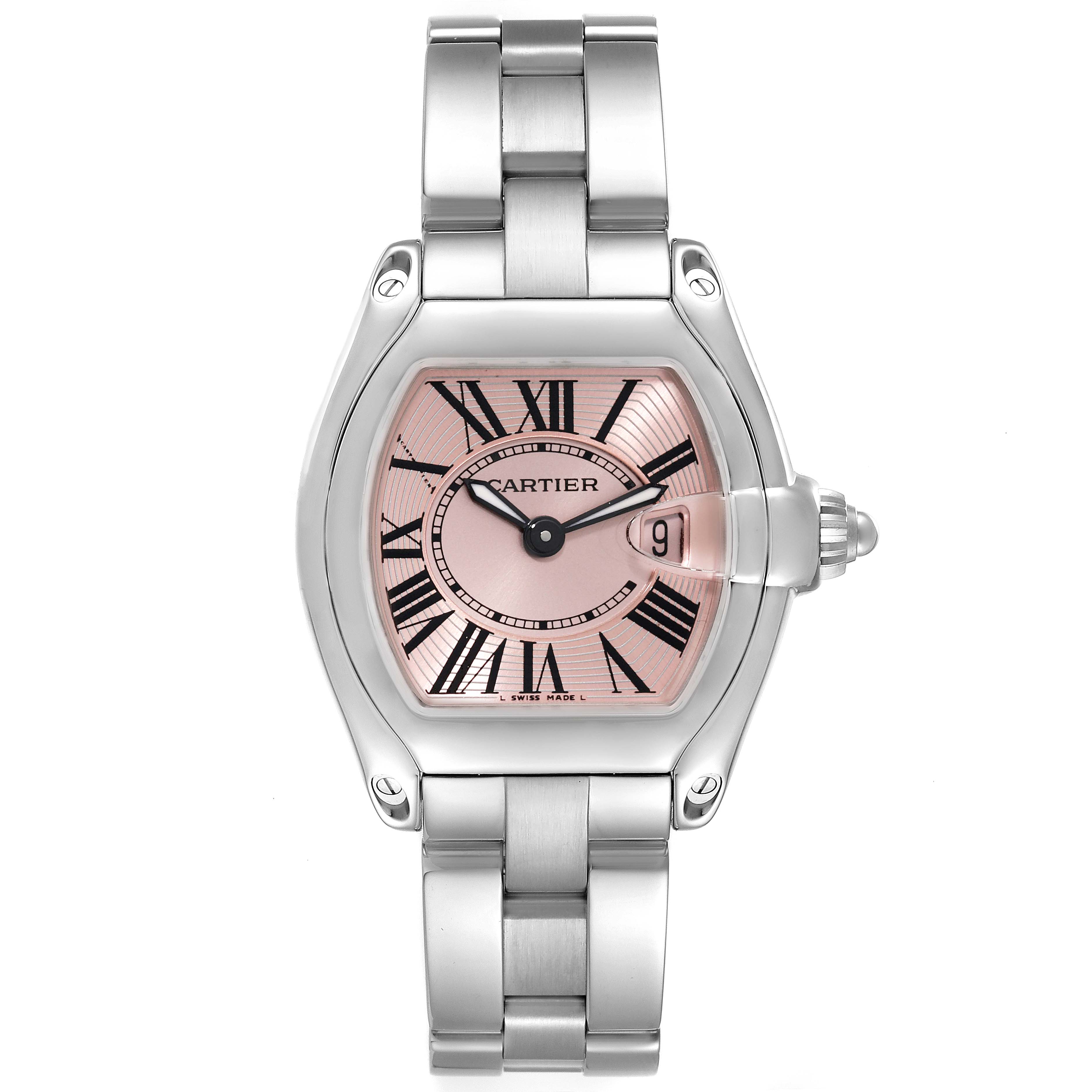 The image shows a Cartier Roadster W62017V3 Women's Stainless Steel Pink Dial W62017V3 Women's Stainless Steel Pink Dial watch head-on, displaying its face, bezel, and bracelet.