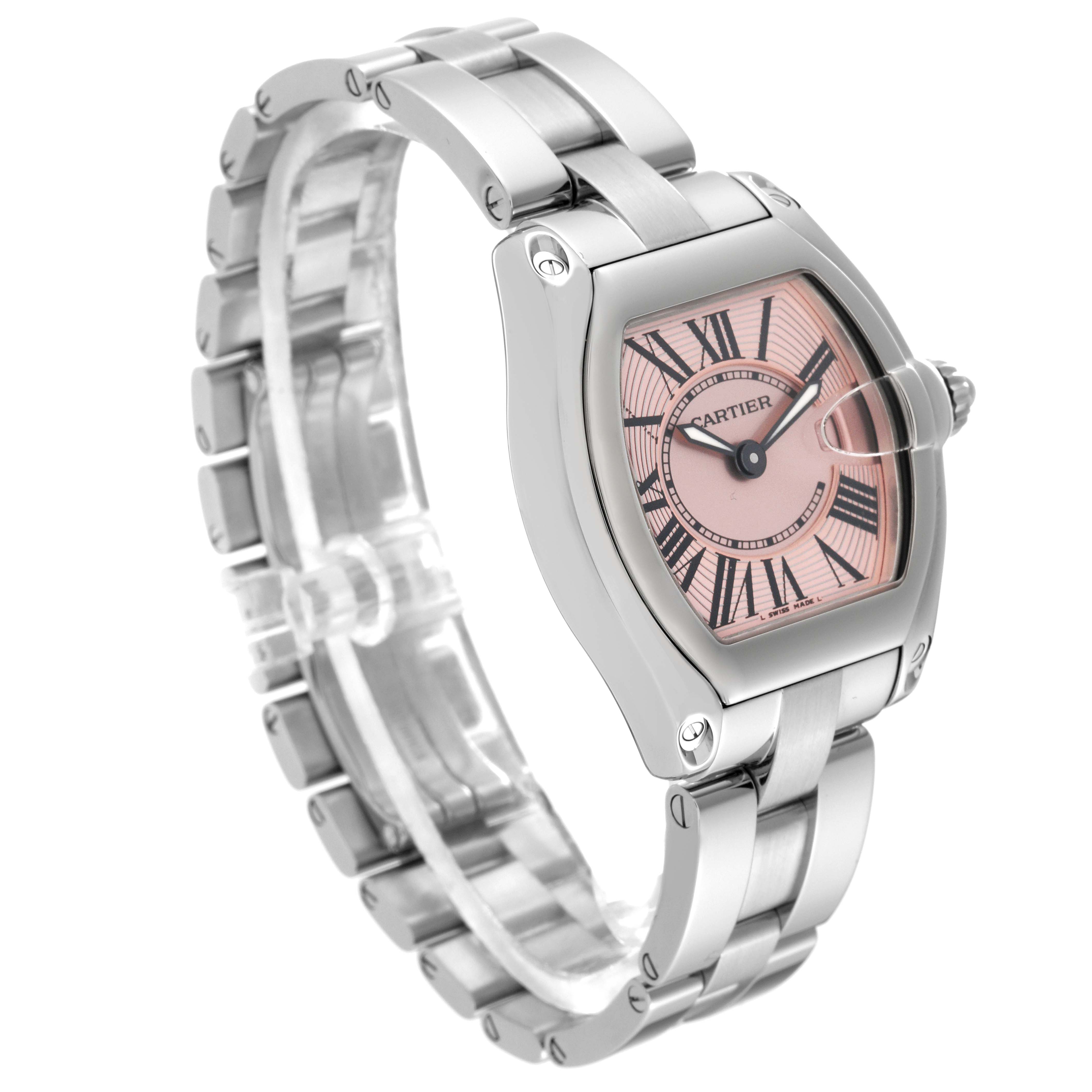 The Cartier Roadster W62017V3 Women's Stainless Steel Pink Dial W62017V3 Women's Stainless Steel Pink Dial watch is shown at a three-quarter angle, highlighting the face, bracelet, and crown.