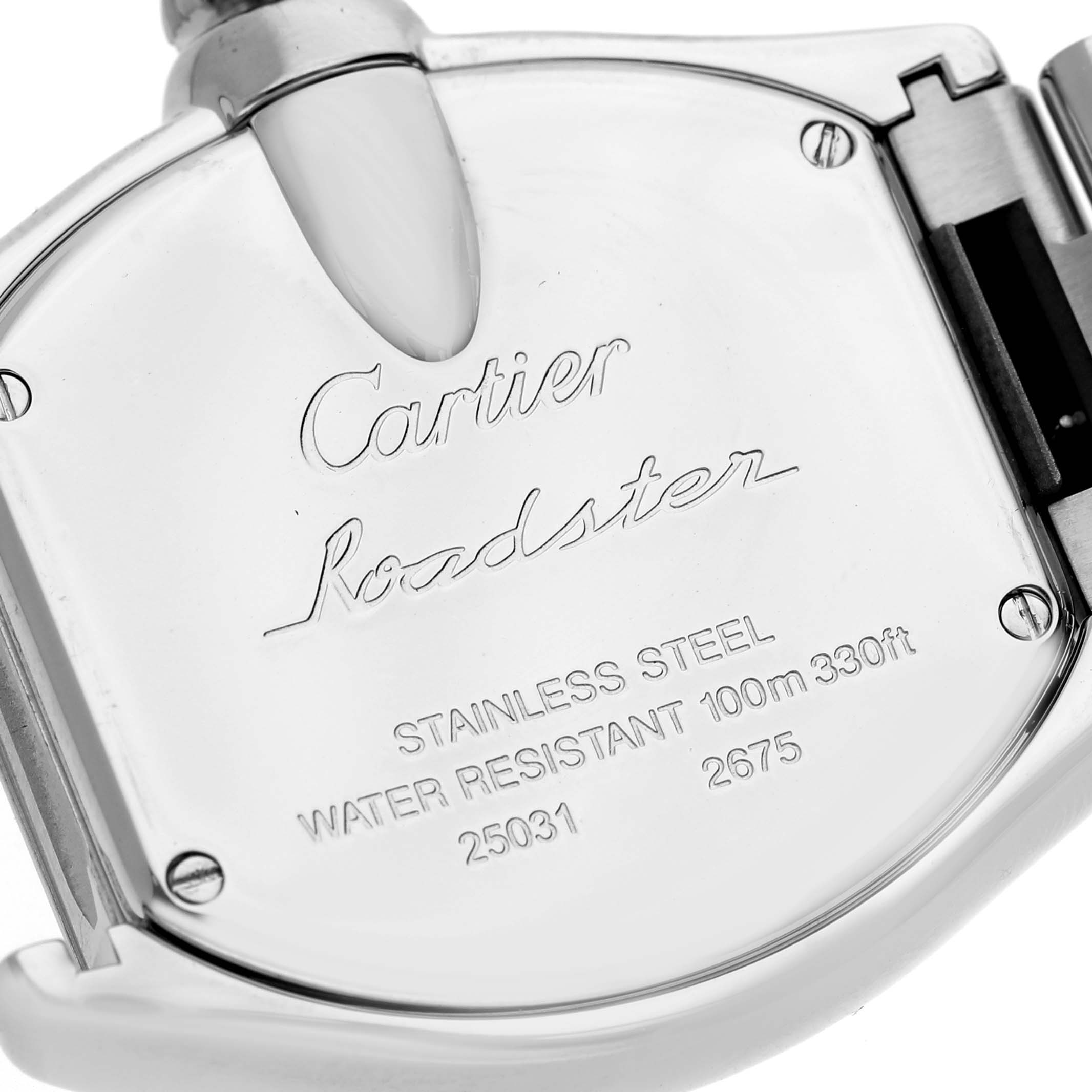 The image shows the back case of a Cartier Roadster W62017V3 Women's Stainless Steel Pink Dial W62017V3 Women's Stainless Steel Pink Dial watch, highlighting the model details and water resistance.