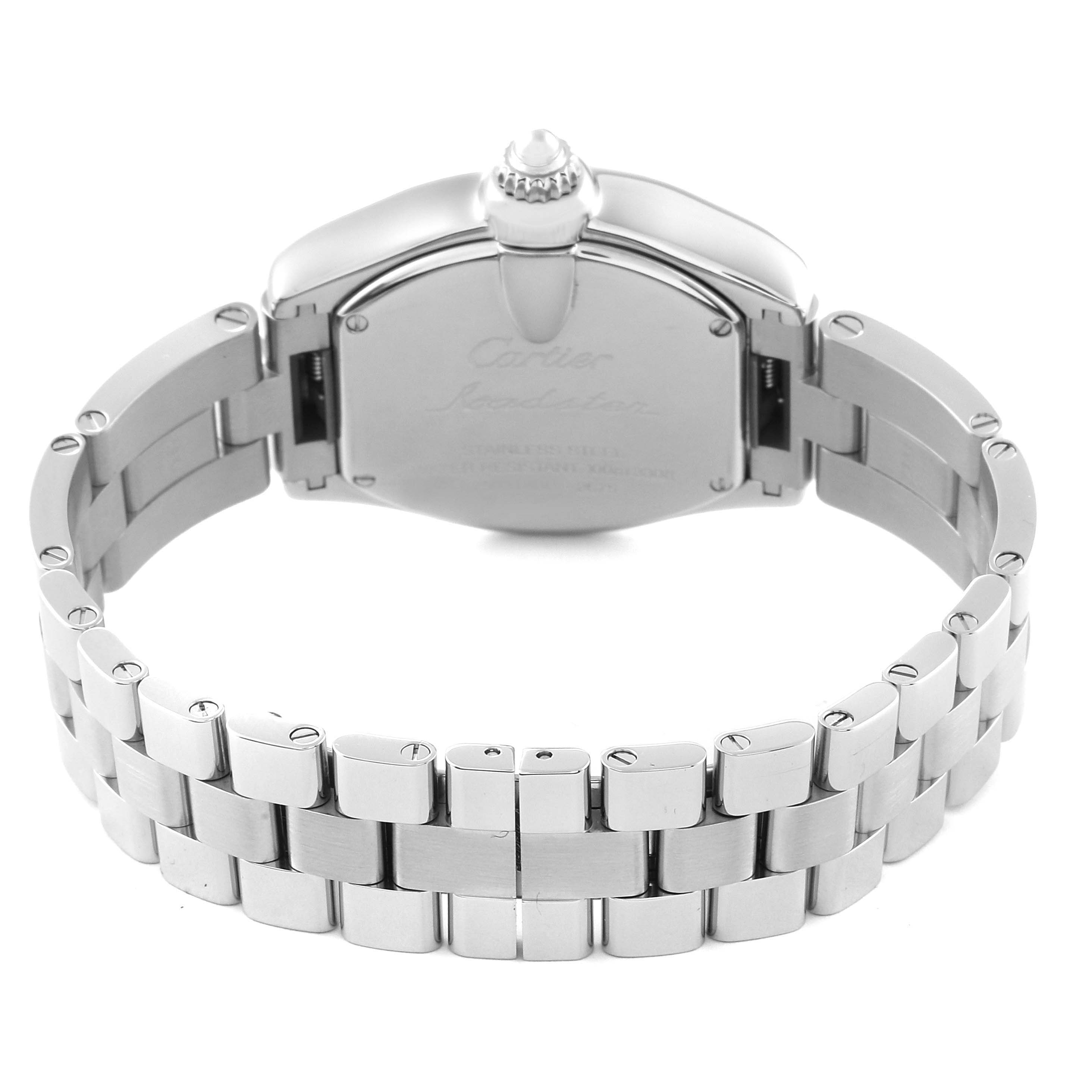 This image shows the back view of a Cartier Roadster W62017V3 Women's Stainless Steel Pink Dial W62017V3 Women's Stainless Steel Pink Dial watch, including the caseback and metal bracelet.