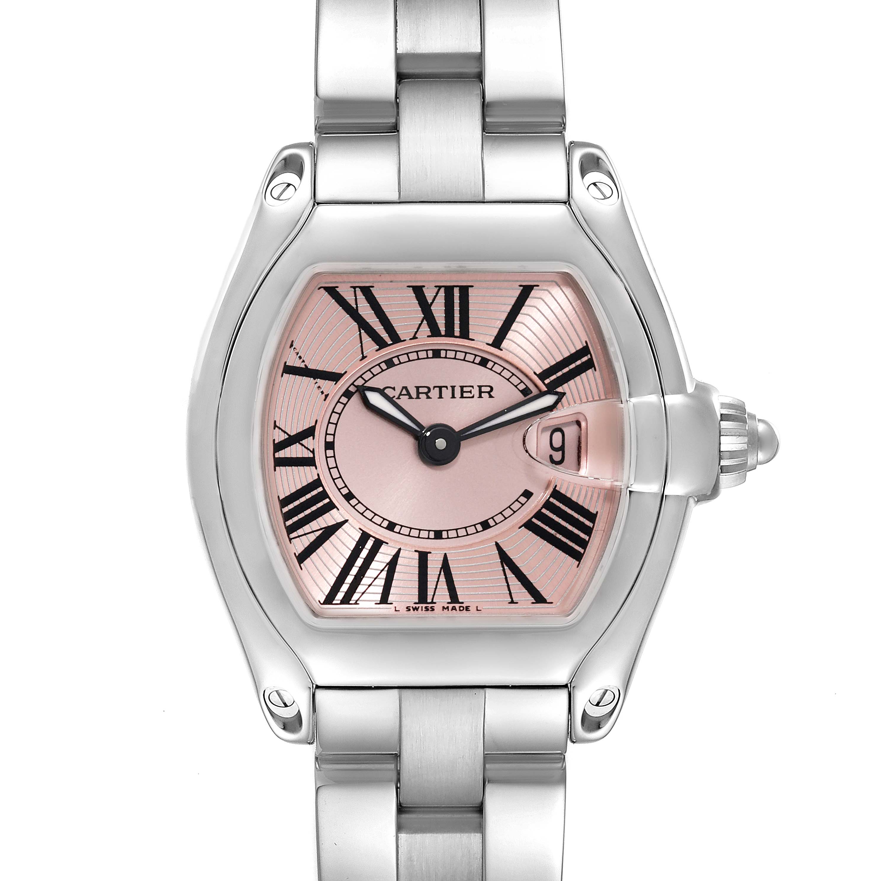 The image shows a front view of the Cartier Roadster W62017V3 Women's Stainless Steel Pink Dial W62017V3 Women's Stainless Steel Pink Dial watch, highlighting its dial, Roman numeral markers, and stainless steel bracelet.