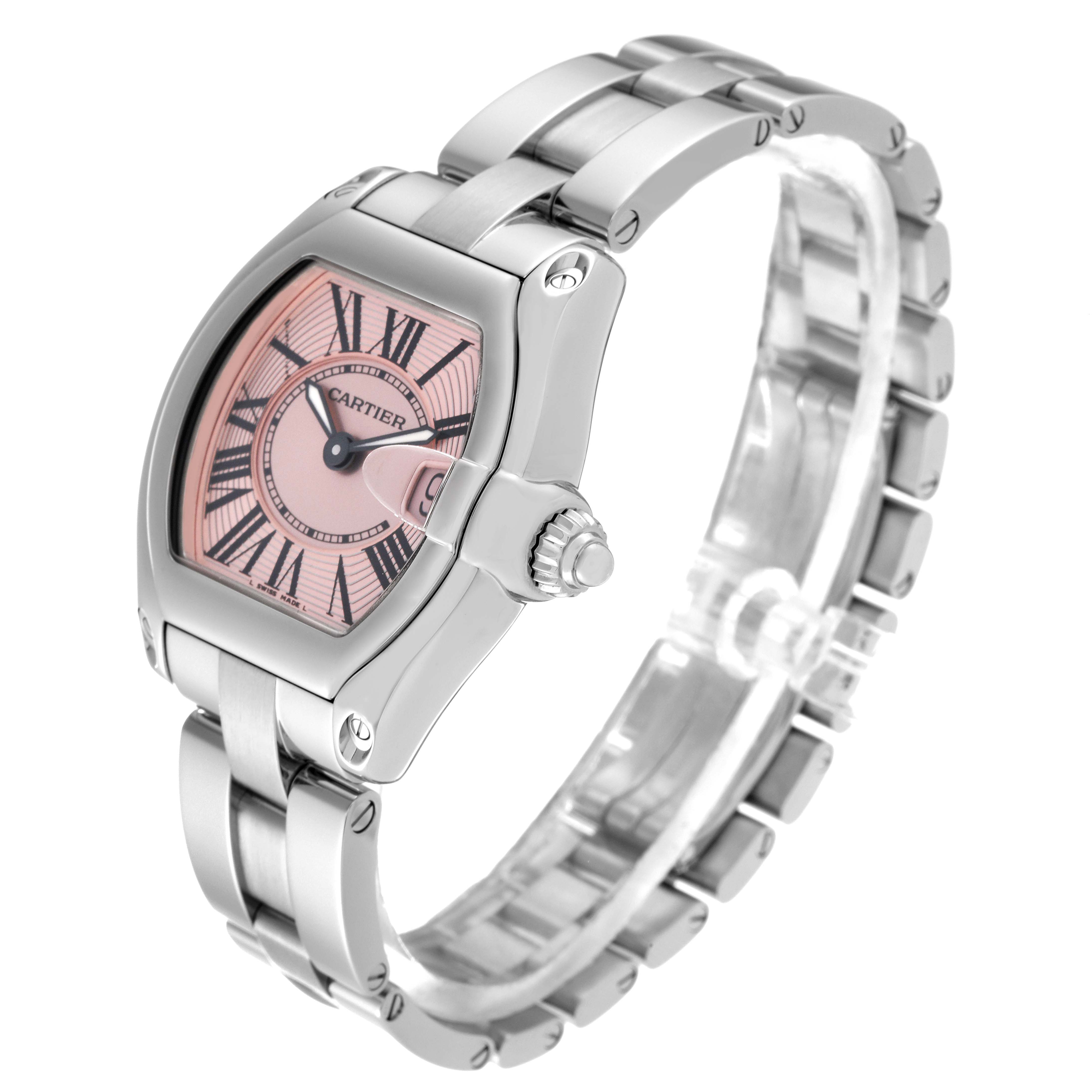 The image shows a Cartier Roadster W62017V3 Women's Stainless Steel Pink Dial W62017V3 Women's Stainless Steel Pink Dial watch at a three-quarter angle, highlighting its face, dial, and metal bracelet.