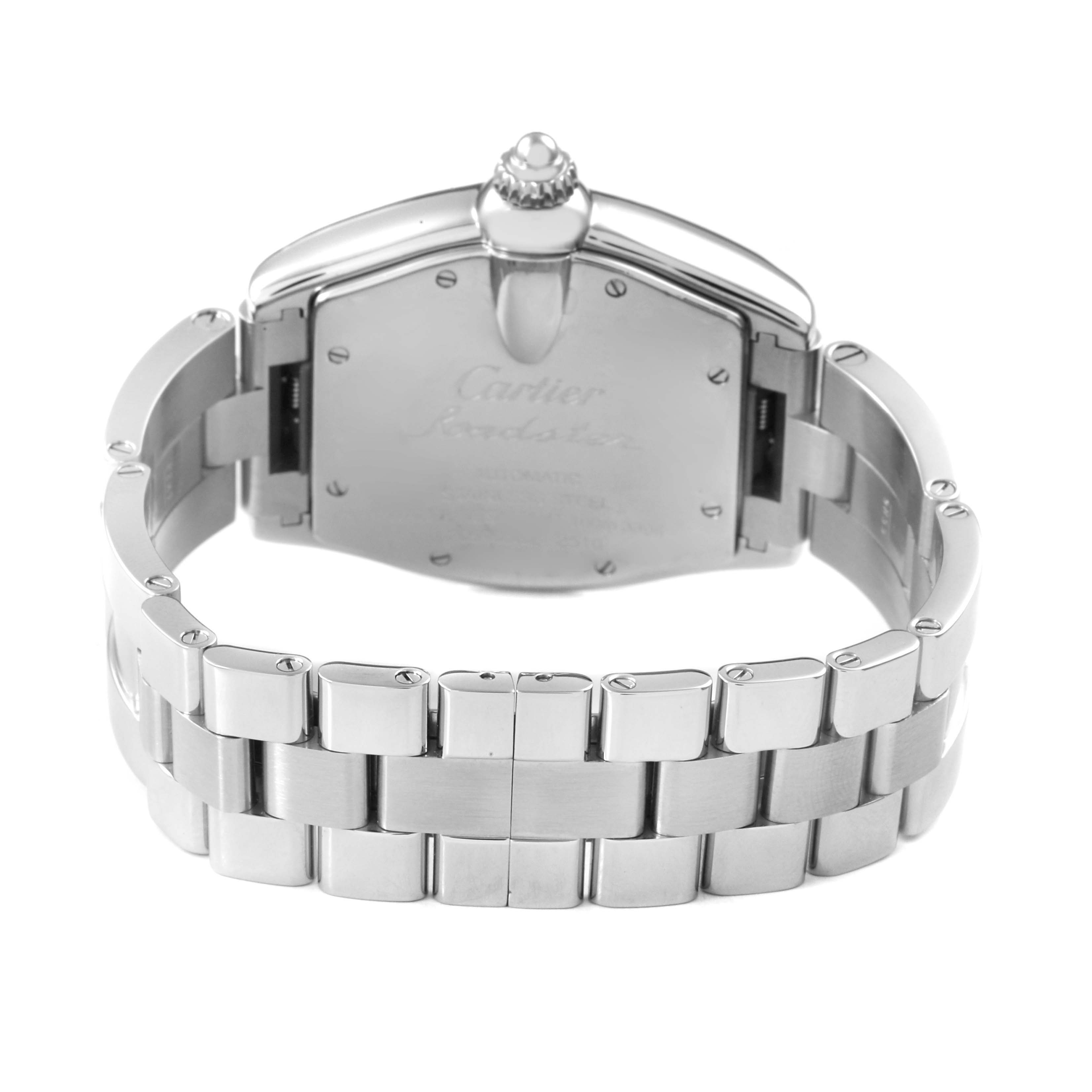 The image shows the back of a Cartier Roadster W62002V3 Men's Stainless Steel Black Dial watch with a focus on its bracelet and case back.