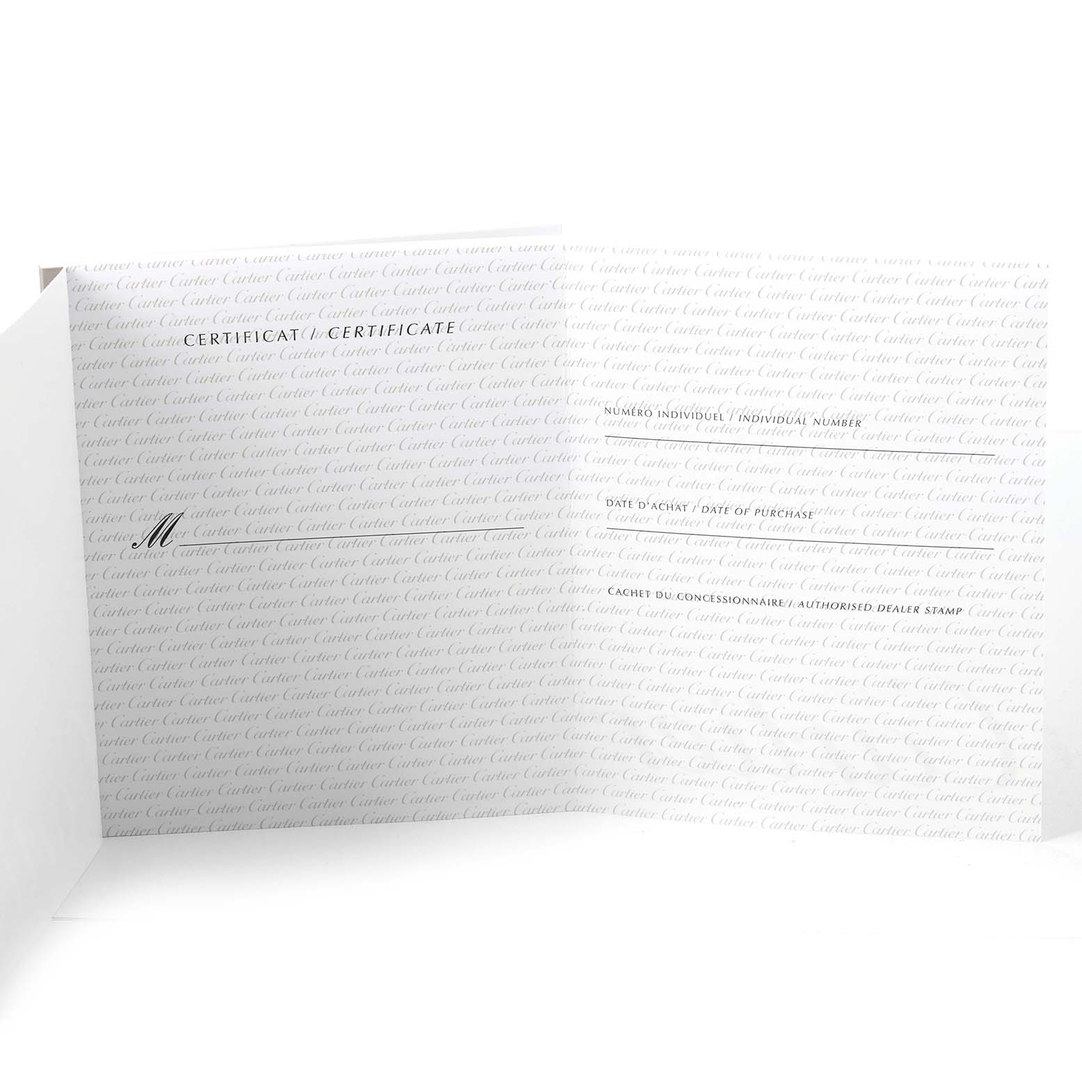 The image shows an open certificate with the "Cartier" brand consistently printed, related to the Roadster model.