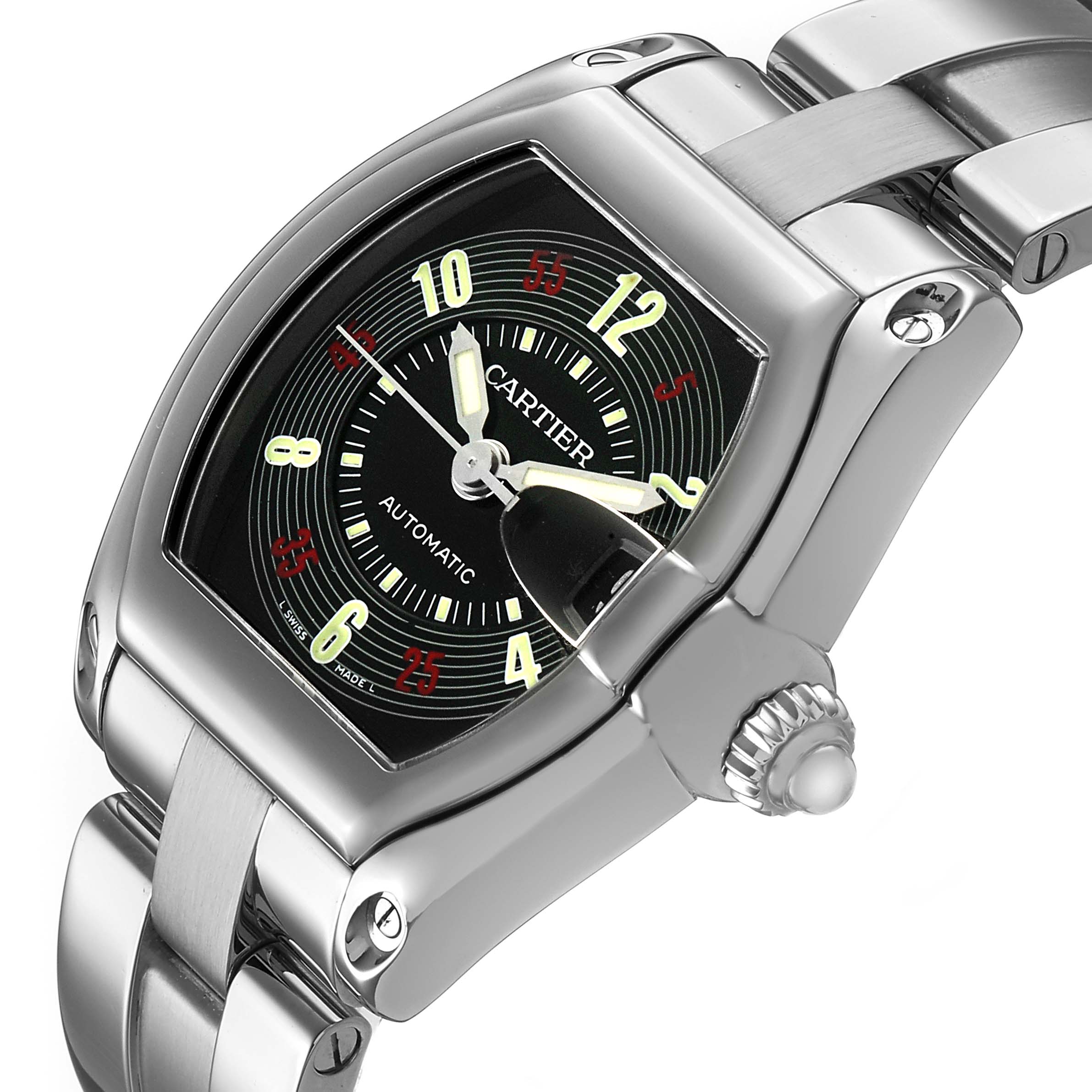 The Cartier Roadster W62002V3 Men's Stainless Steel Black Dial watch is shown at an angled view, highlighting the face, crown, and bracelet.