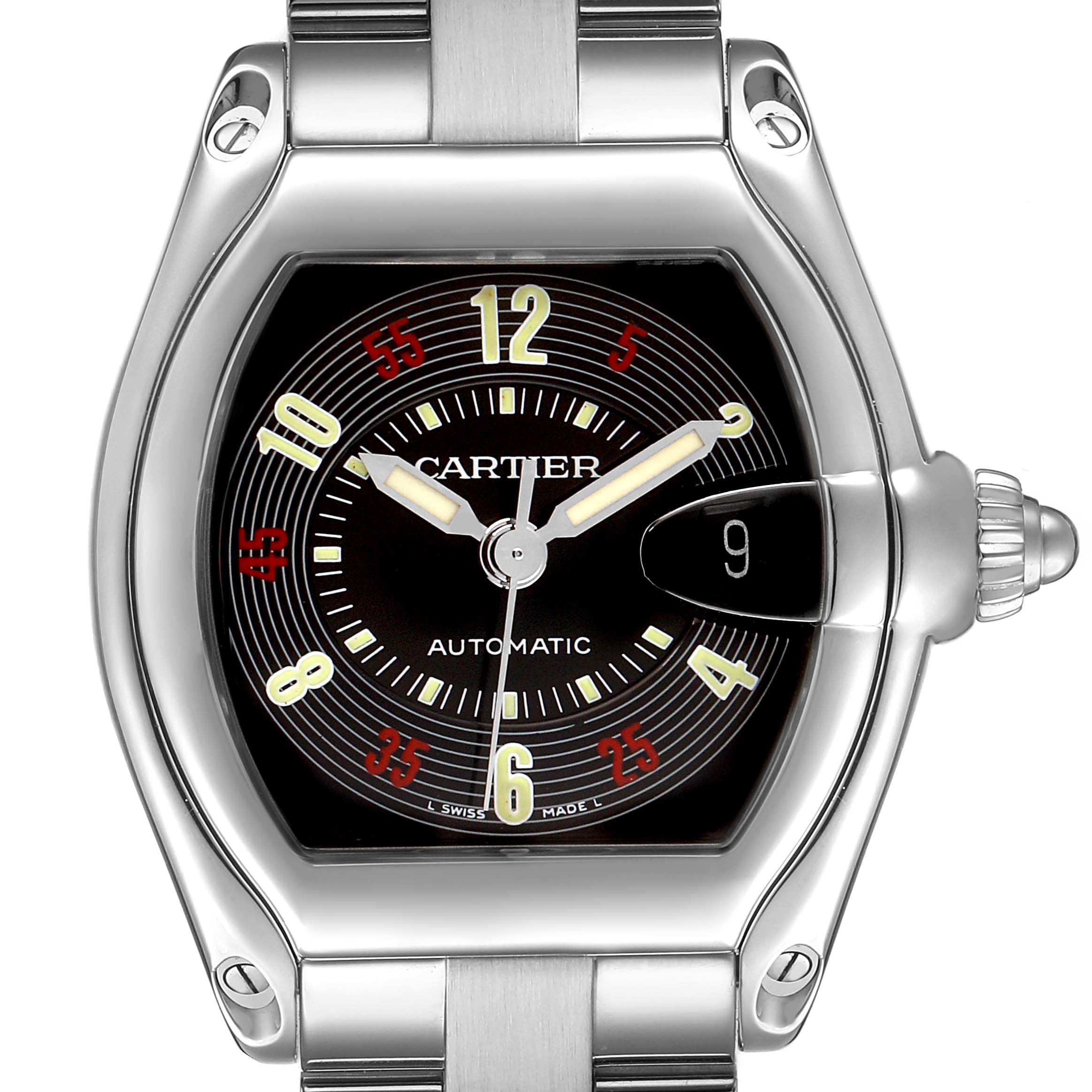The Cartier Roadster W62002V3 Men's Stainless Steel Black Dial watch is shown from a front angle, highlighting the dial, case, hands, and bracelet.