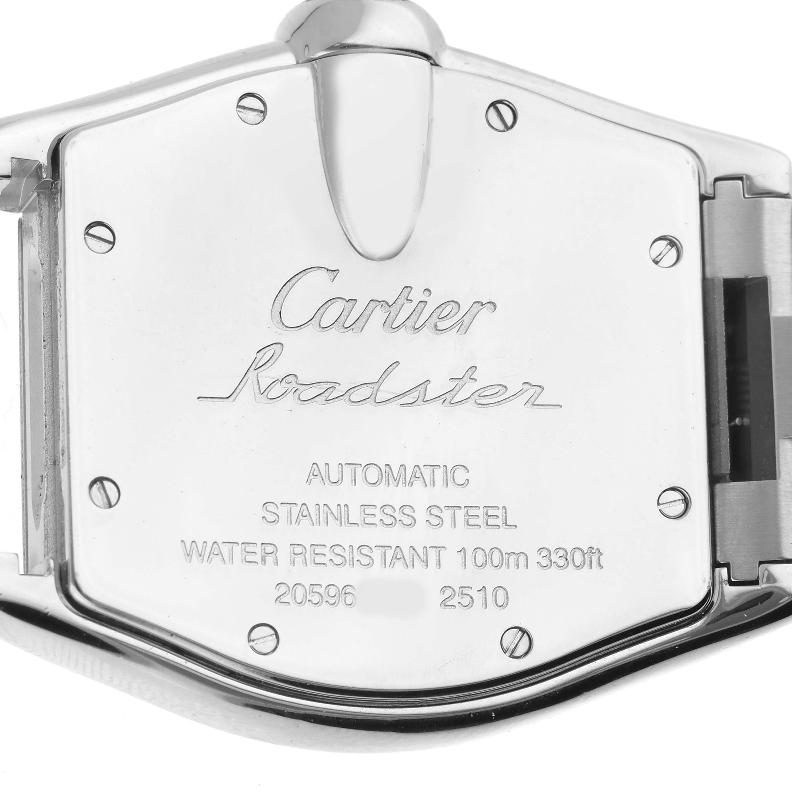 The image shows the back case of a Cartier Roadster W62002V3 Men's Stainless Steel Black Dial watch, displaying engraving details including water resistance.