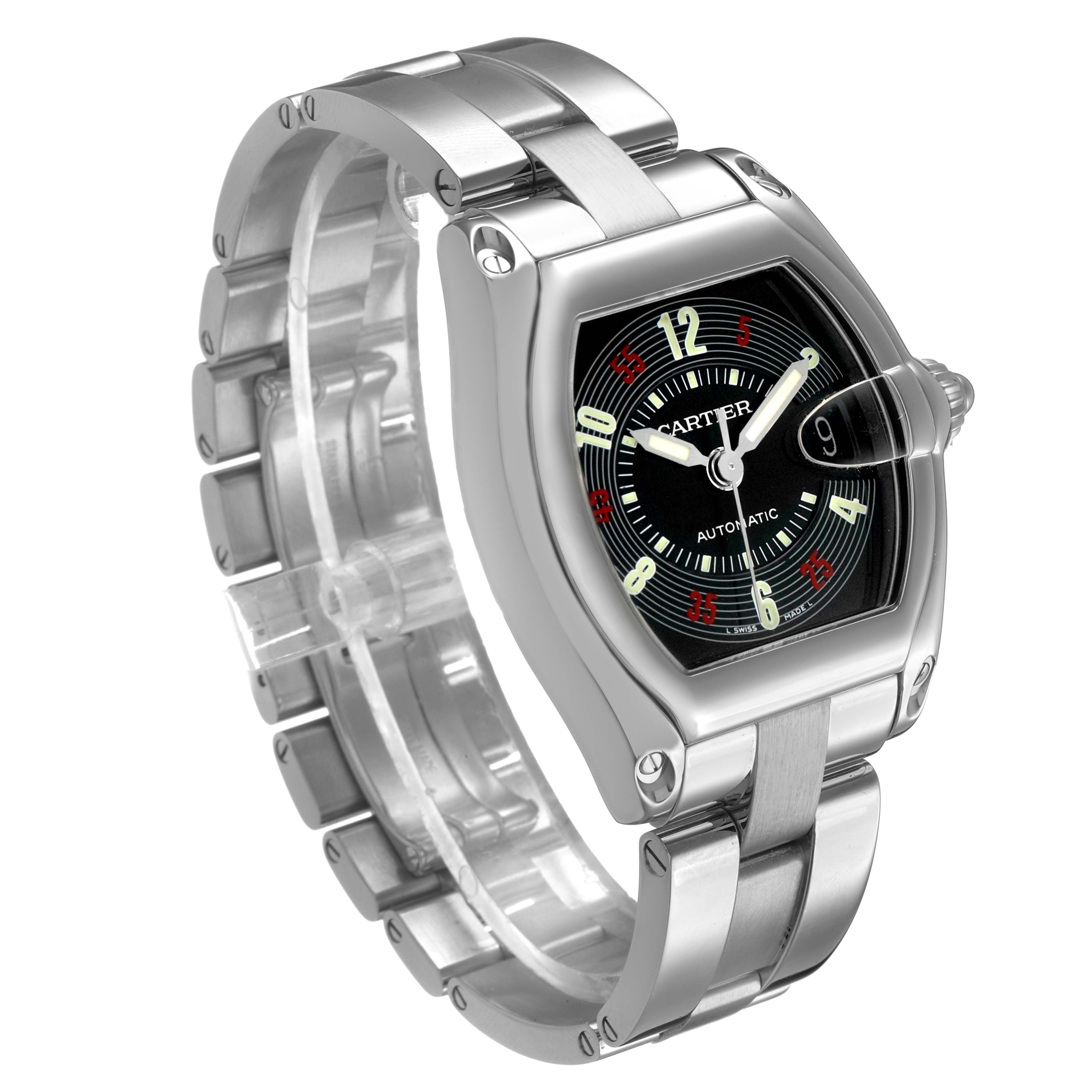 The Cartier Roadster W62002V3 Men's Stainless Steel Black Dial watch is shown at an angled view displaying the face, case, and full metal bracelet.