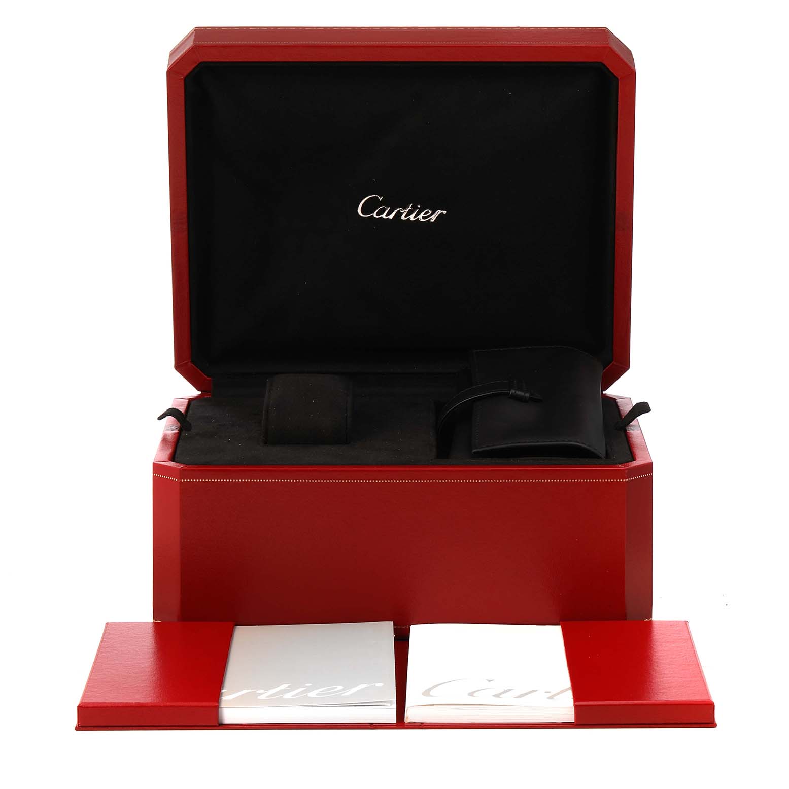 The image shows an open red Cartier Roadster W62002V3 Men's Stainless Steel Black Dial watch box with inner compartments and booklets displayed in front.