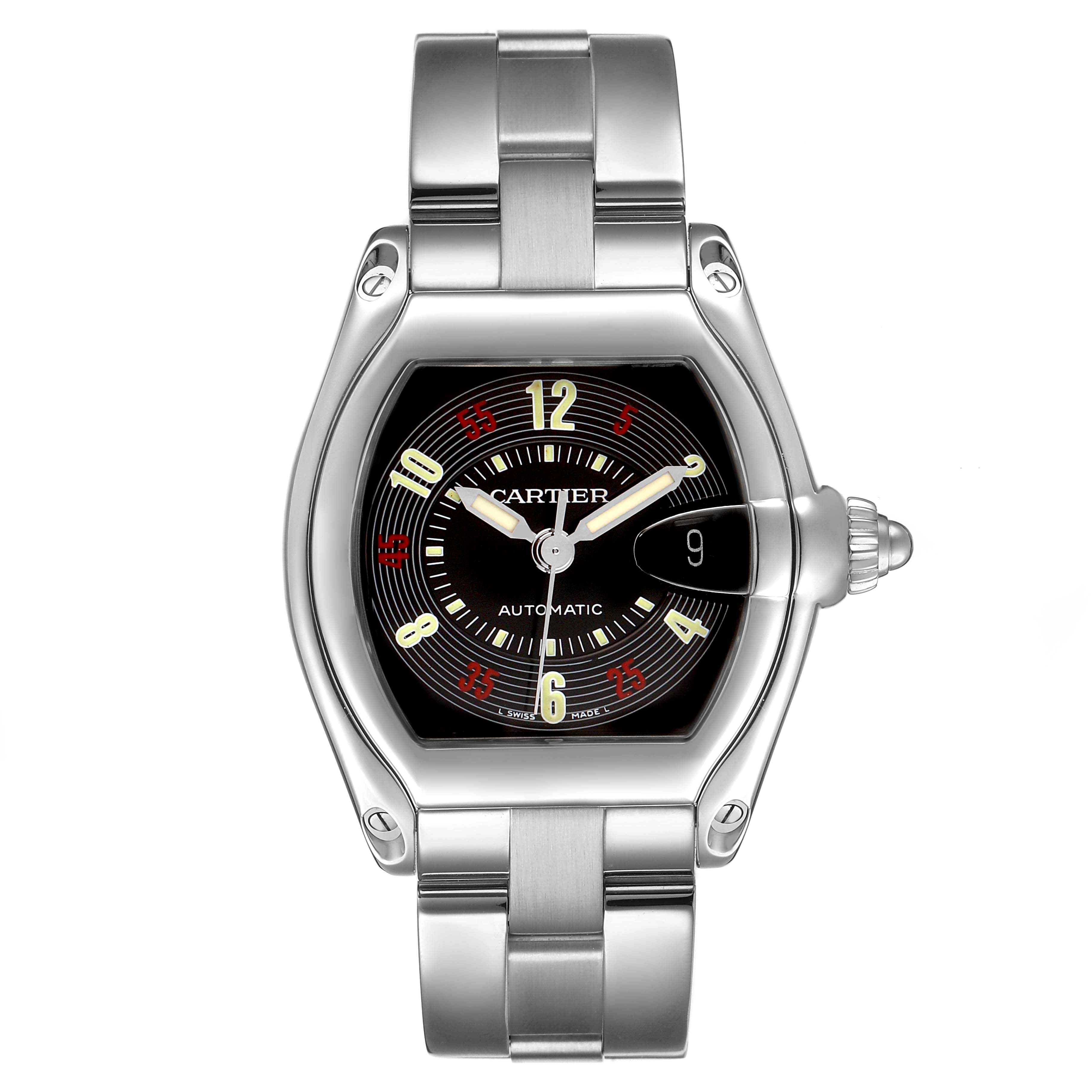 The Cartier Roadster W62002V3 Men's Stainless Steel Black Dial watch is shown from a front angle, displaying its face, bezel, and bracelet.