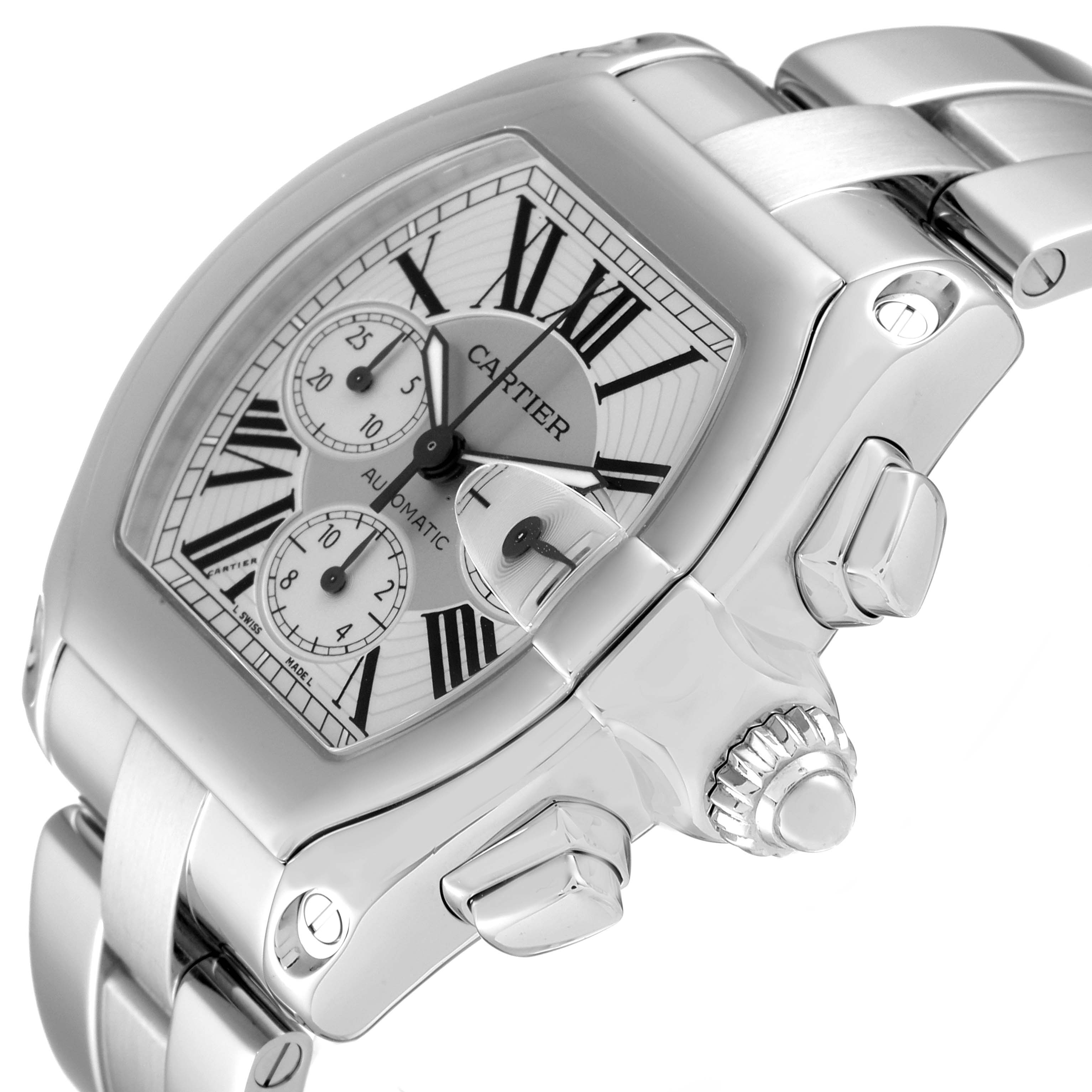 The image shows a close-up angle of the Cartier Roadster W62019X6 Men
s Stainless Steel Silver Dial W62019X6 Men
s Stainless Steel Silver Dial watch, highlighting the dial, crown, and part of the bracelet.