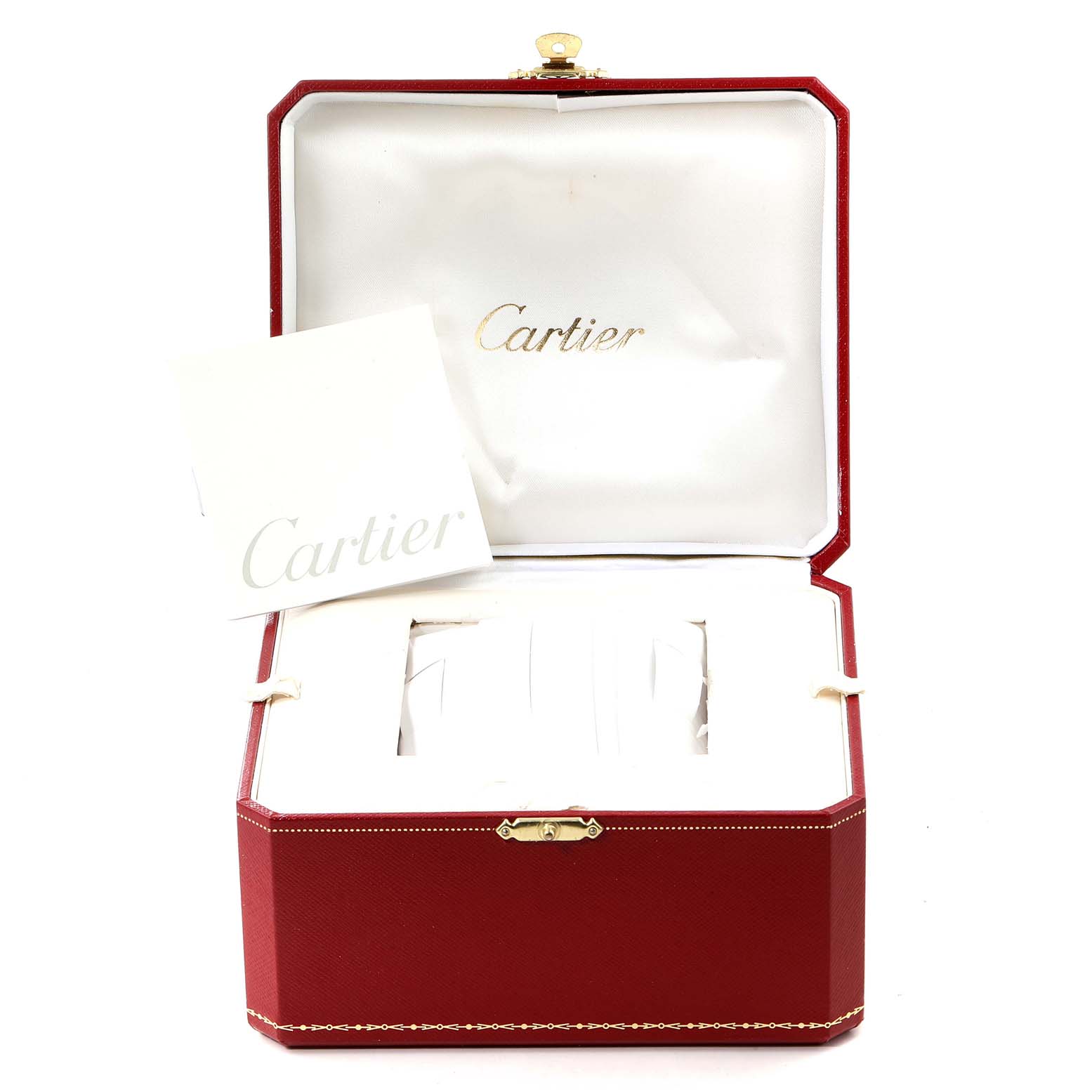 The image shows an open red Cartier watch box and papers, presumably for the Roadster model.