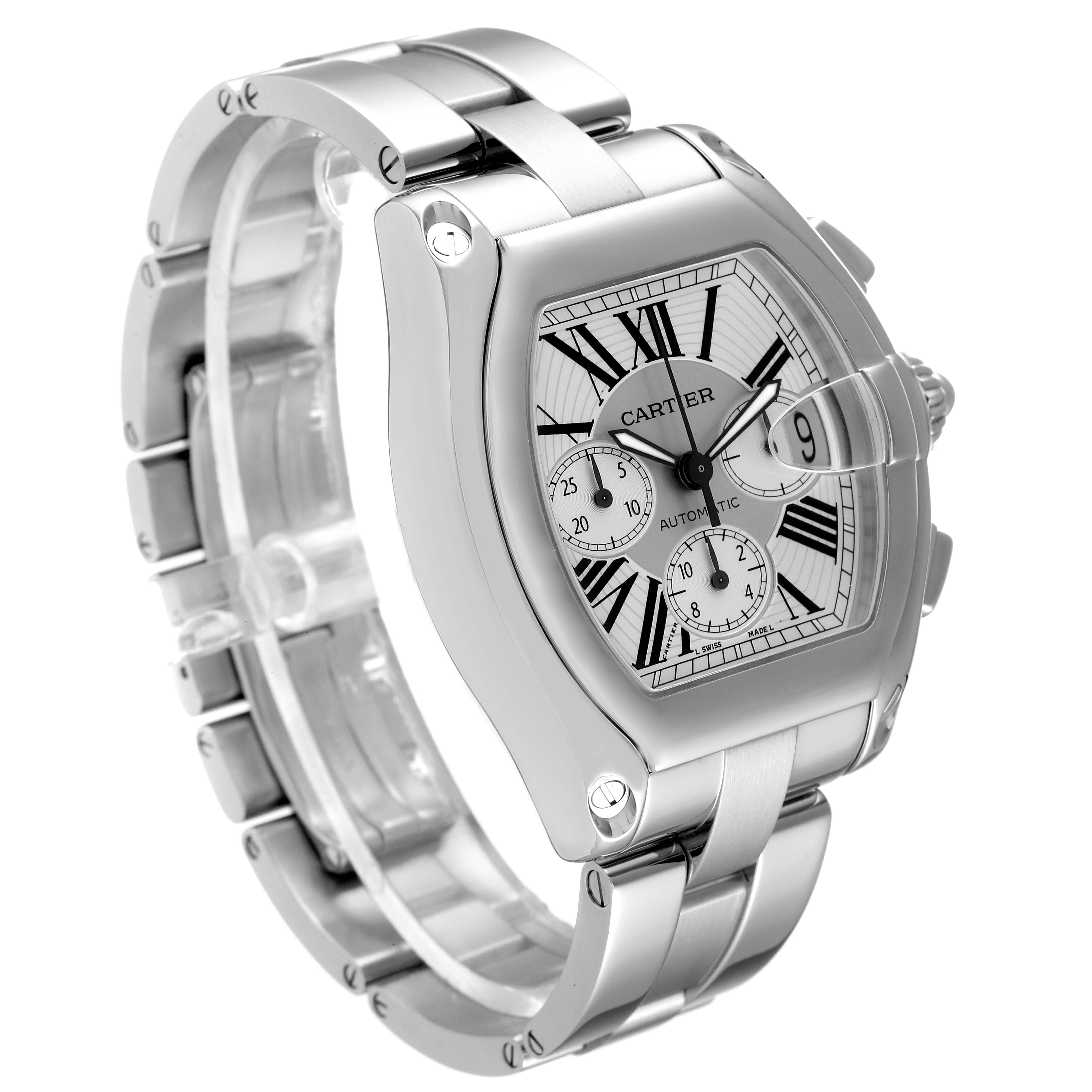 The image shows a Cartier Roadster W62019X6 Men
s Stainless Steel Silver Dial W62019X6 Men
s Stainless Steel Silver Dial watch from a front-left angle, highlighting the face, bezel, and metal bracelet.