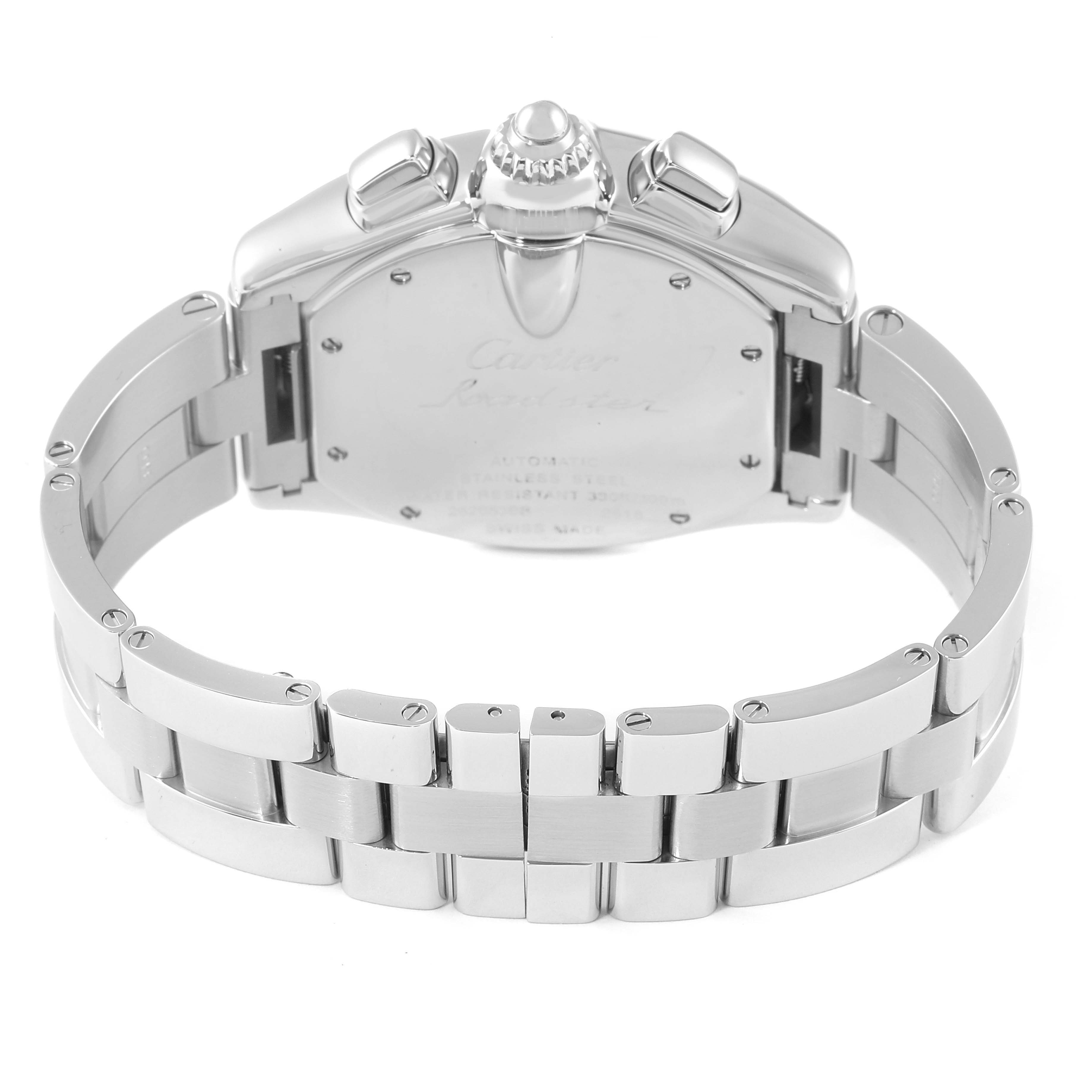 The image shows the back and bracelet of the Cartier Roadster W62019X6 Men
s Stainless Steel Silver Dial W62019X6 Men
s Stainless Steel Silver Dial watch, focusing on the clasp and case back.
