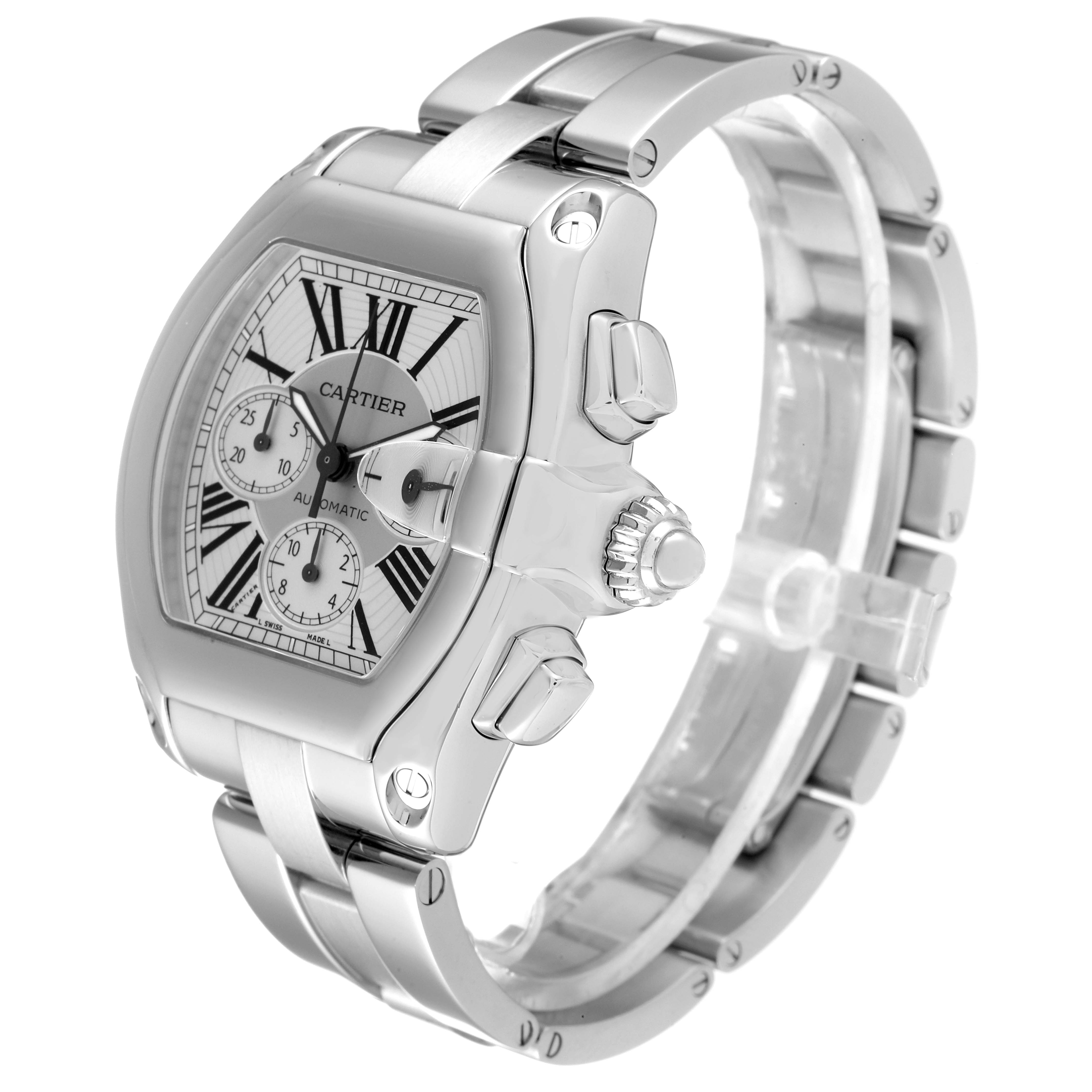 The Cartier Roadster W62019X6 Men
s Stainless Steel Silver Dial W62019X6 Men
s Stainless Steel Silver Dial watch is shown at an angle displaying its face, side controls, and metal bracelet.