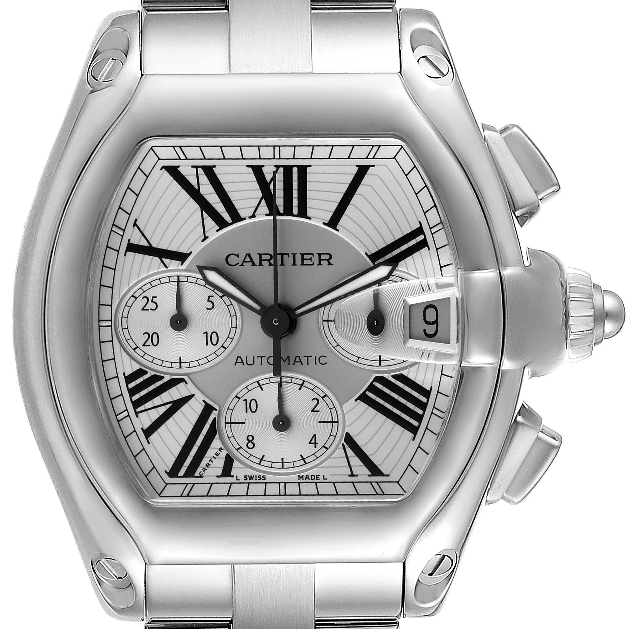 The image shows a front view of the Cartier Roadster W62019X6 Men
s Stainless Steel Silver Dial W62019X6 Men
s Stainless Steel Silver Dial watch, highlighting its dial, numerals, sub-dials, and crown.