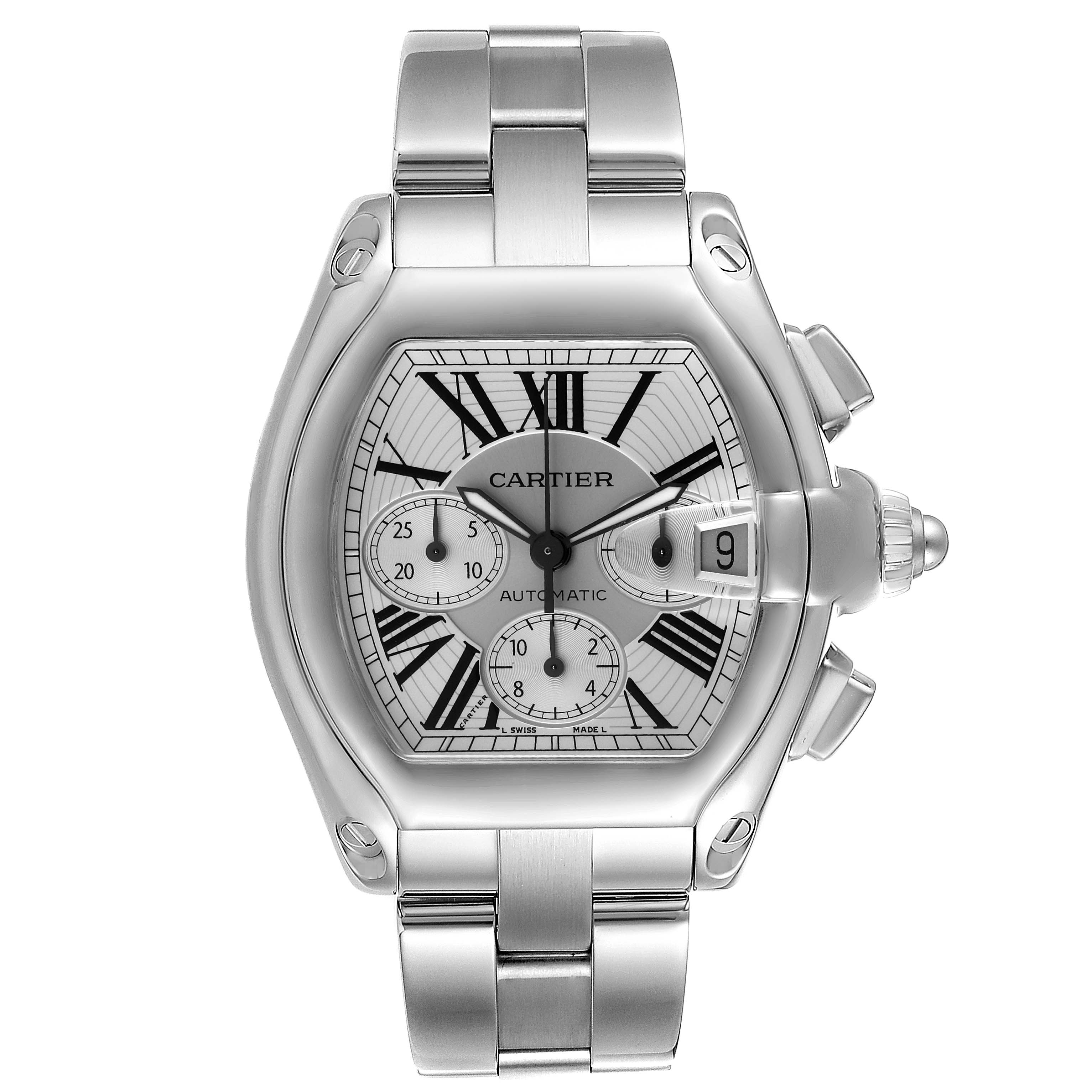 This is a top view of a Cartier Roadster W62019X6 Men
s Stainless Steel Silver Dial W62019X6 Men
s Stainless Steel Silver Dial watch, showing the face, bezel, crown, and bracelet.