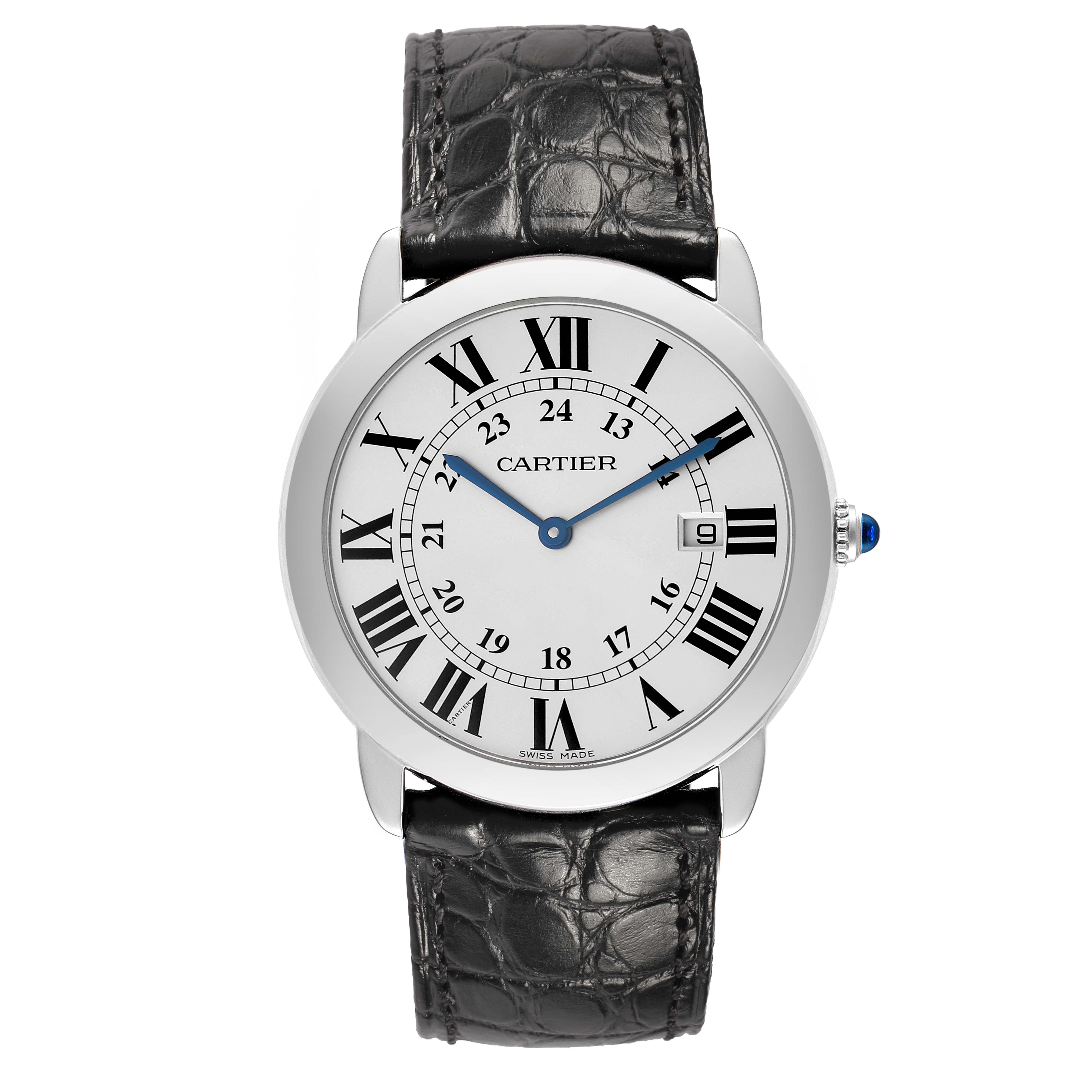 The Cartier Ronde W6700255 Men's Stainless Steel Silver Dial watch is shown from the front, displaying its face, Roman numerals, date window, and leather strap.