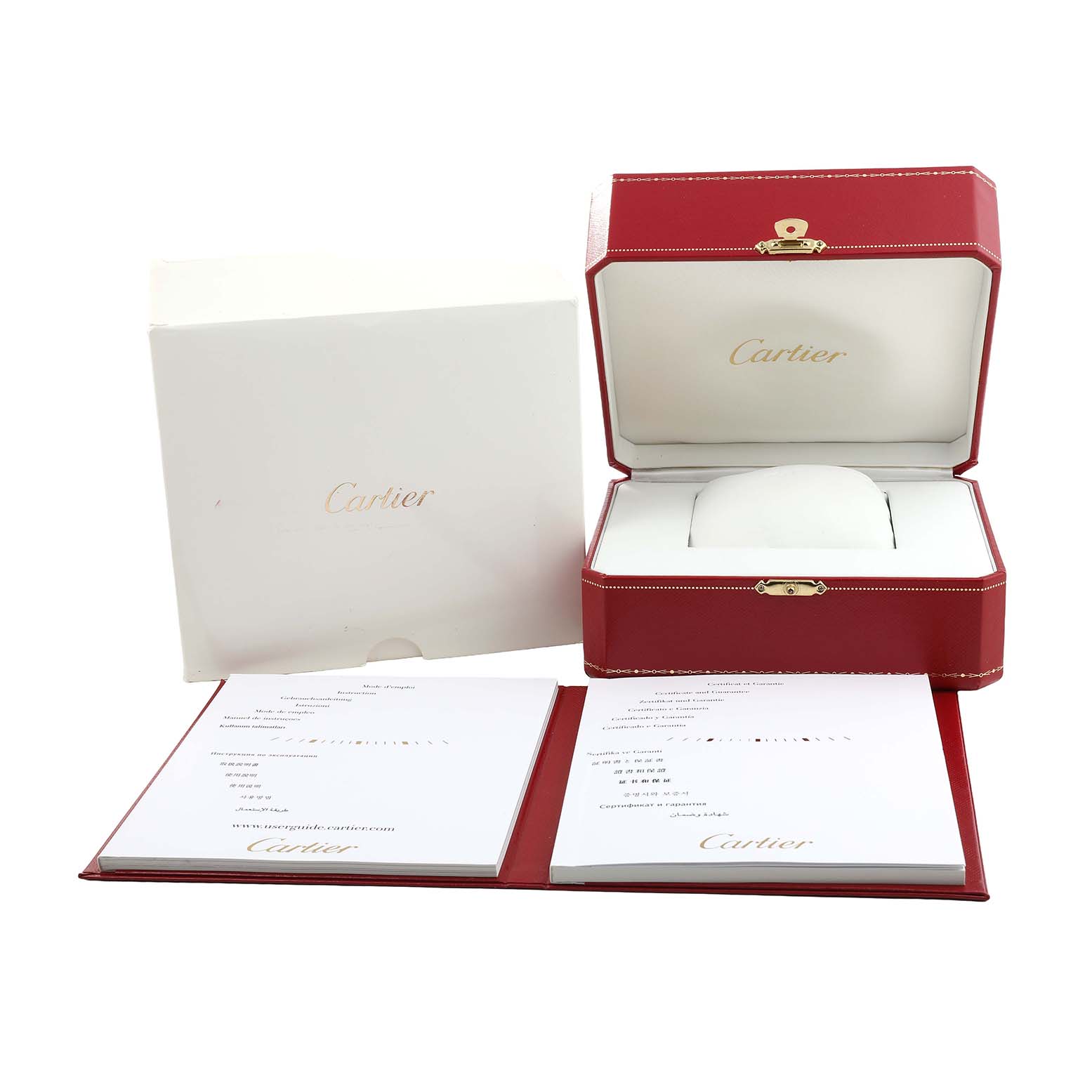 The image shows a Cartier Ronde W6700255 Men's Stainless Steel Silver Dial watch box and accessories, including a red box, outer box, and documents.