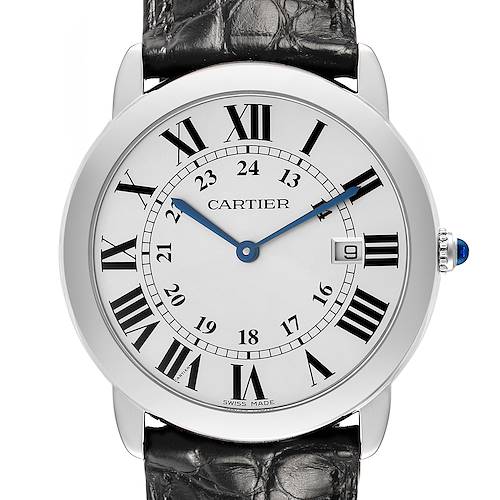 The image shows a front view of the Cartier Ronde W6700255 Men's Stainless Steel Silver Dial watch, highlighting the dial, roman numerals, and black leather strap.