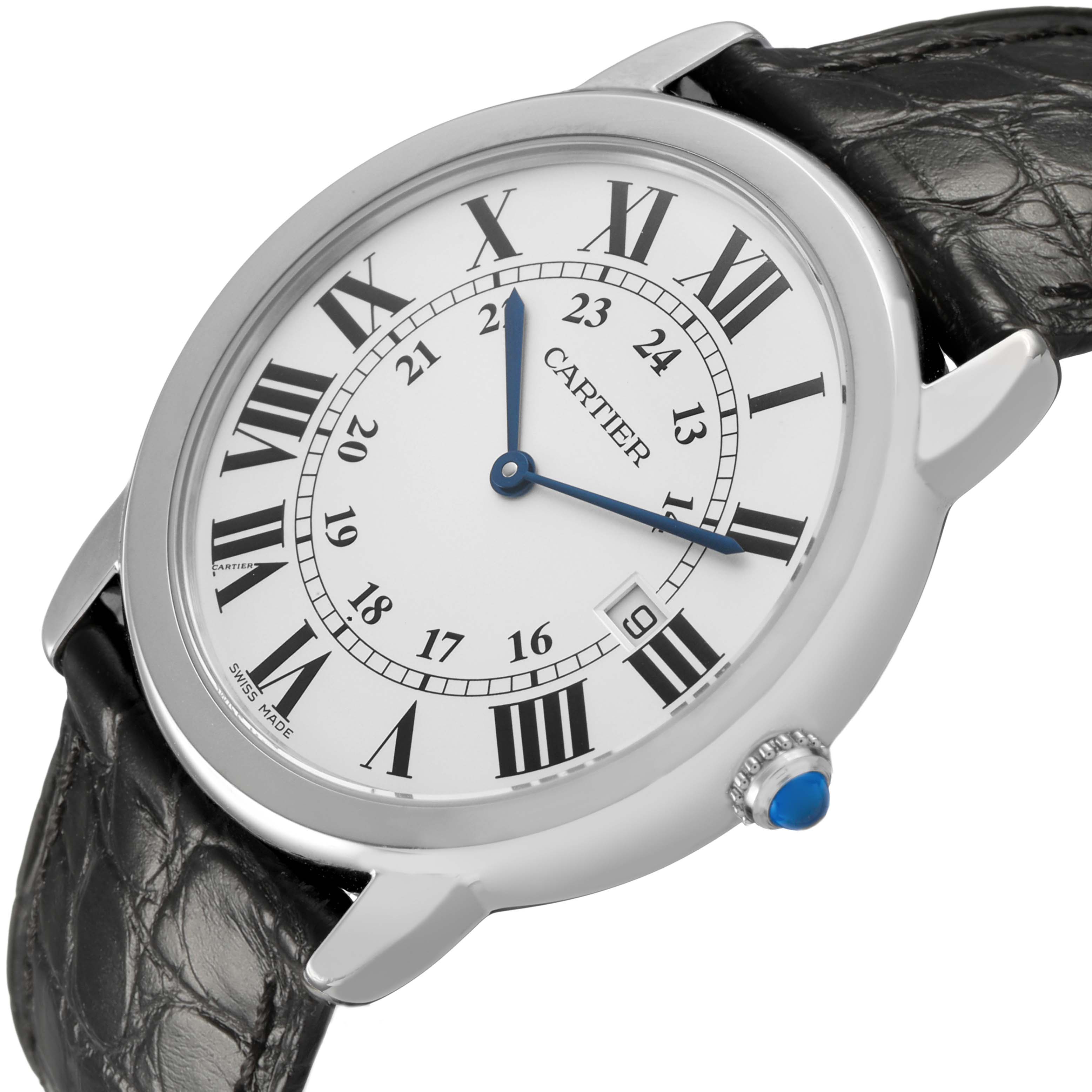 The Cartier Ronde W6700255 Men's Stainless Steel Silver Dial watch is shown at a tilted angle, highlighting its face, Roman numerals, hands, and crown with a blue cabochon.
