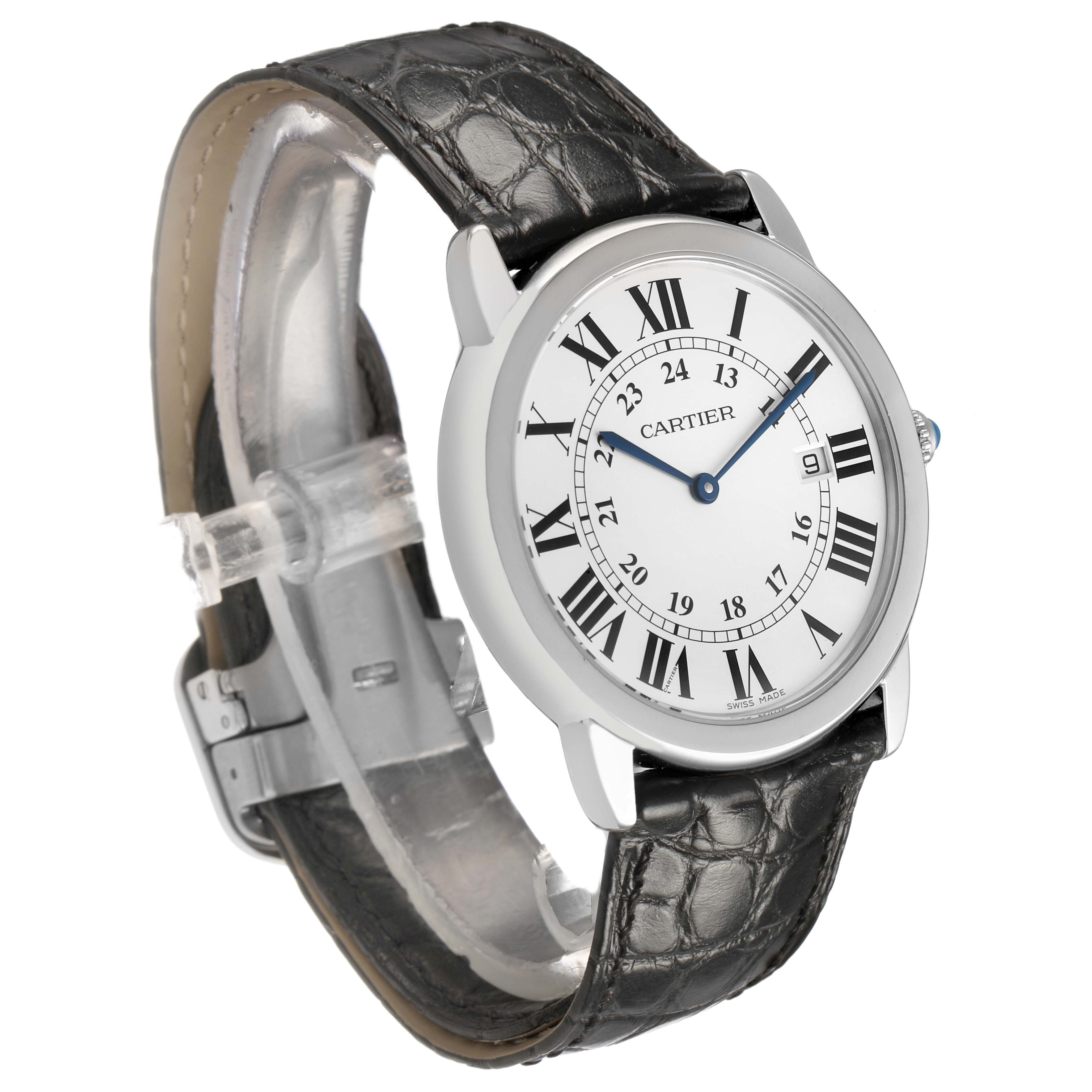 The Cartier Ronde W6700255 Men's Stainless Steel Silver Dial watch is shown at an angle highlighting the face, Roman numerals, leather strap, and side profile.