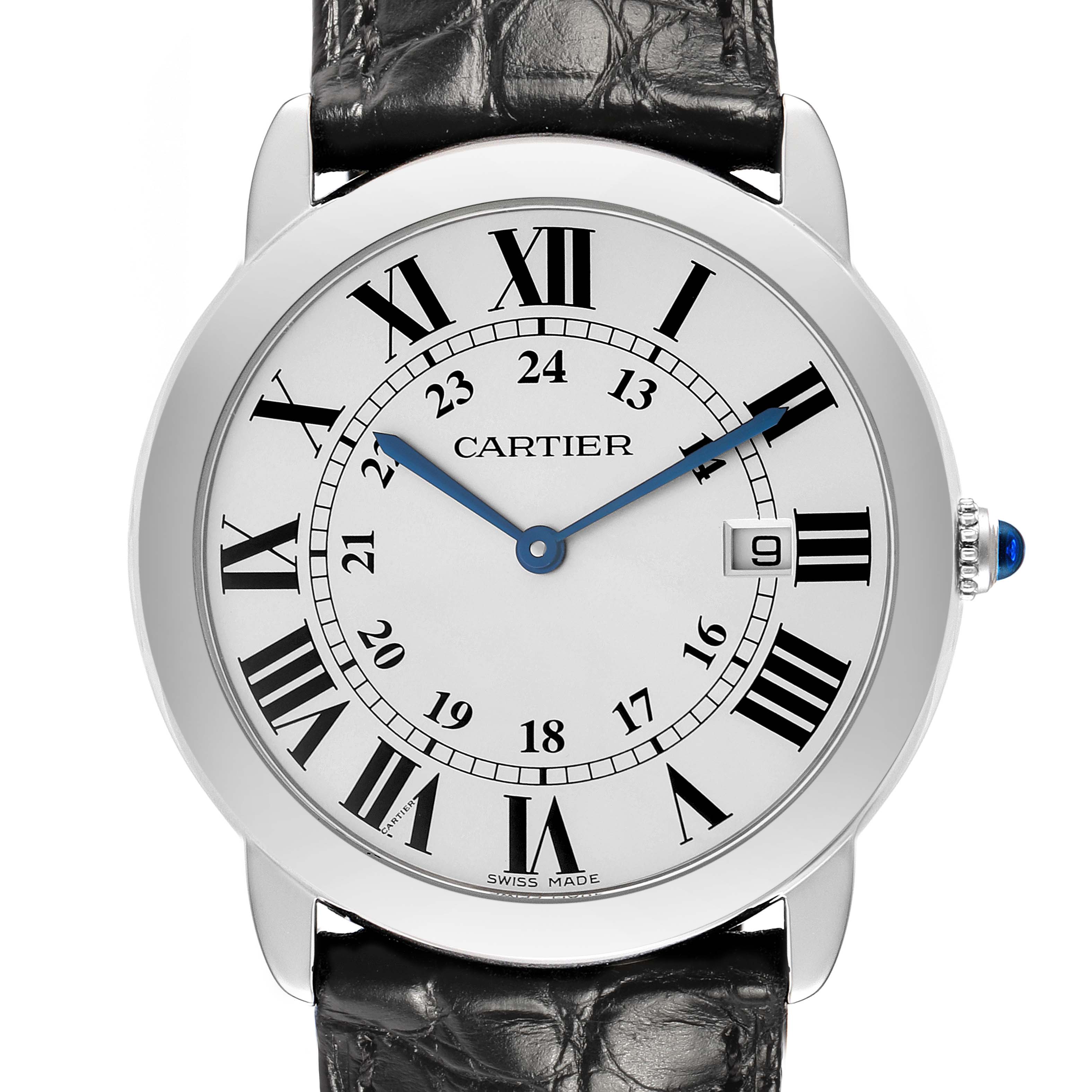 The Cartier Ronde W6700255 Men's Stainless Steel Silver Dial watch is shown from the front, displaying its face, Roman numerals, blue hands, and black leather strap.
