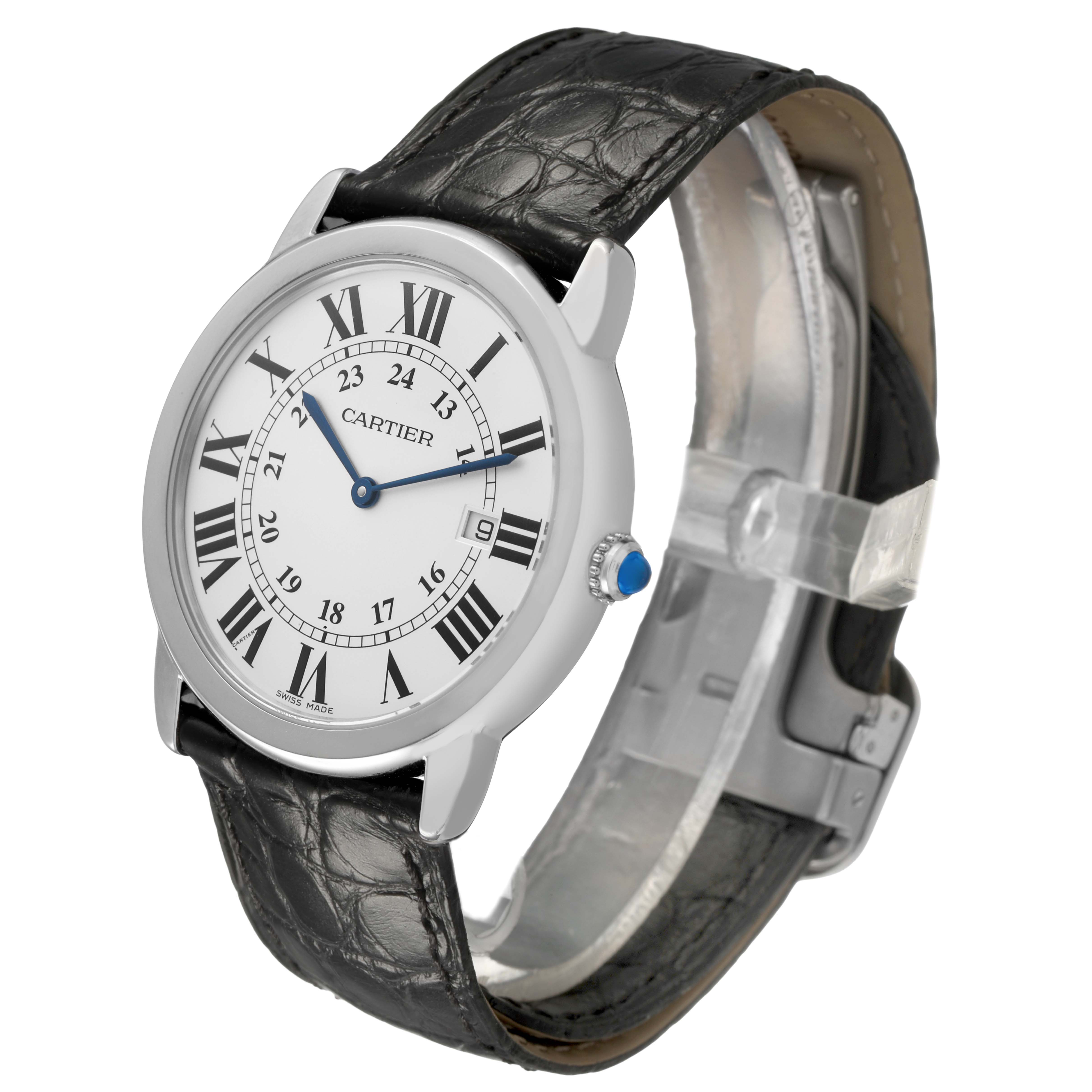 The Cartier Ronde W6700255 Men's Stainless Steel Silver Dial watch is shown at a slight angle, highlighting the face, Roman numerals, and leather strap.
