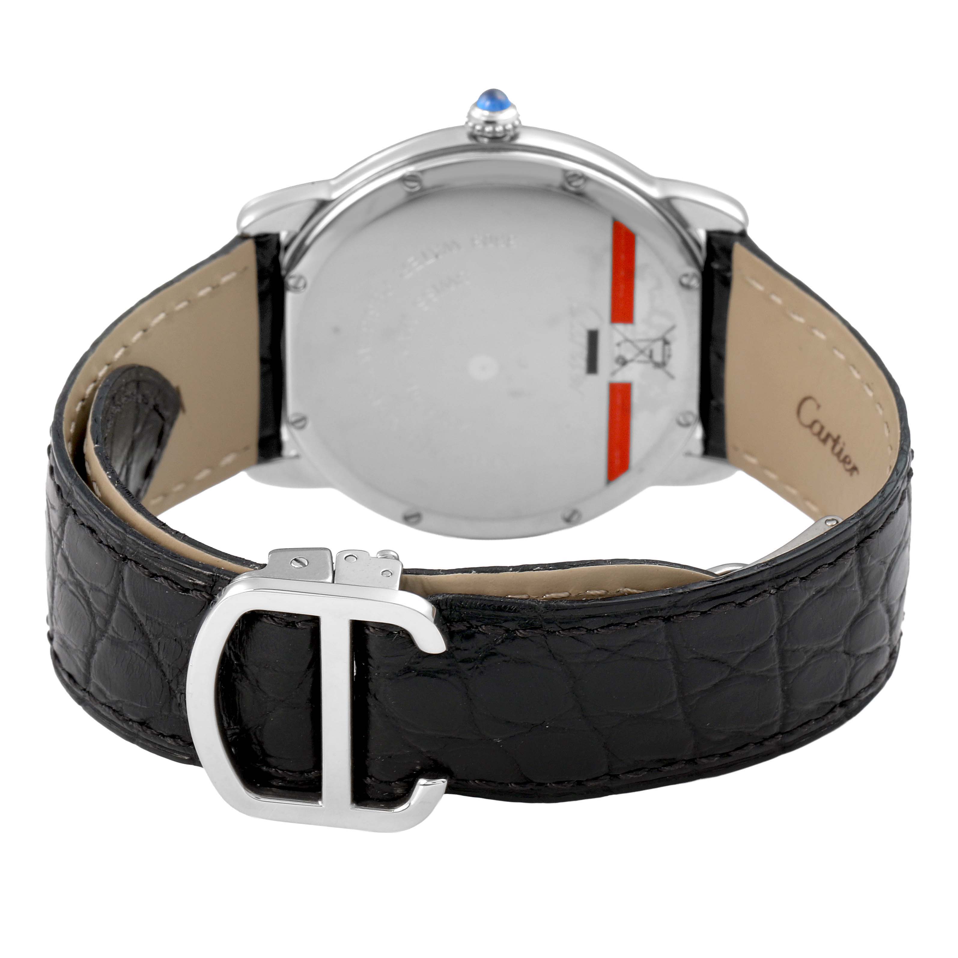 The image shows the back of the Cartier Ronde W6700255 Men's Stainless Steel Silver Dial watch, highlighting the leather strap and buckle.