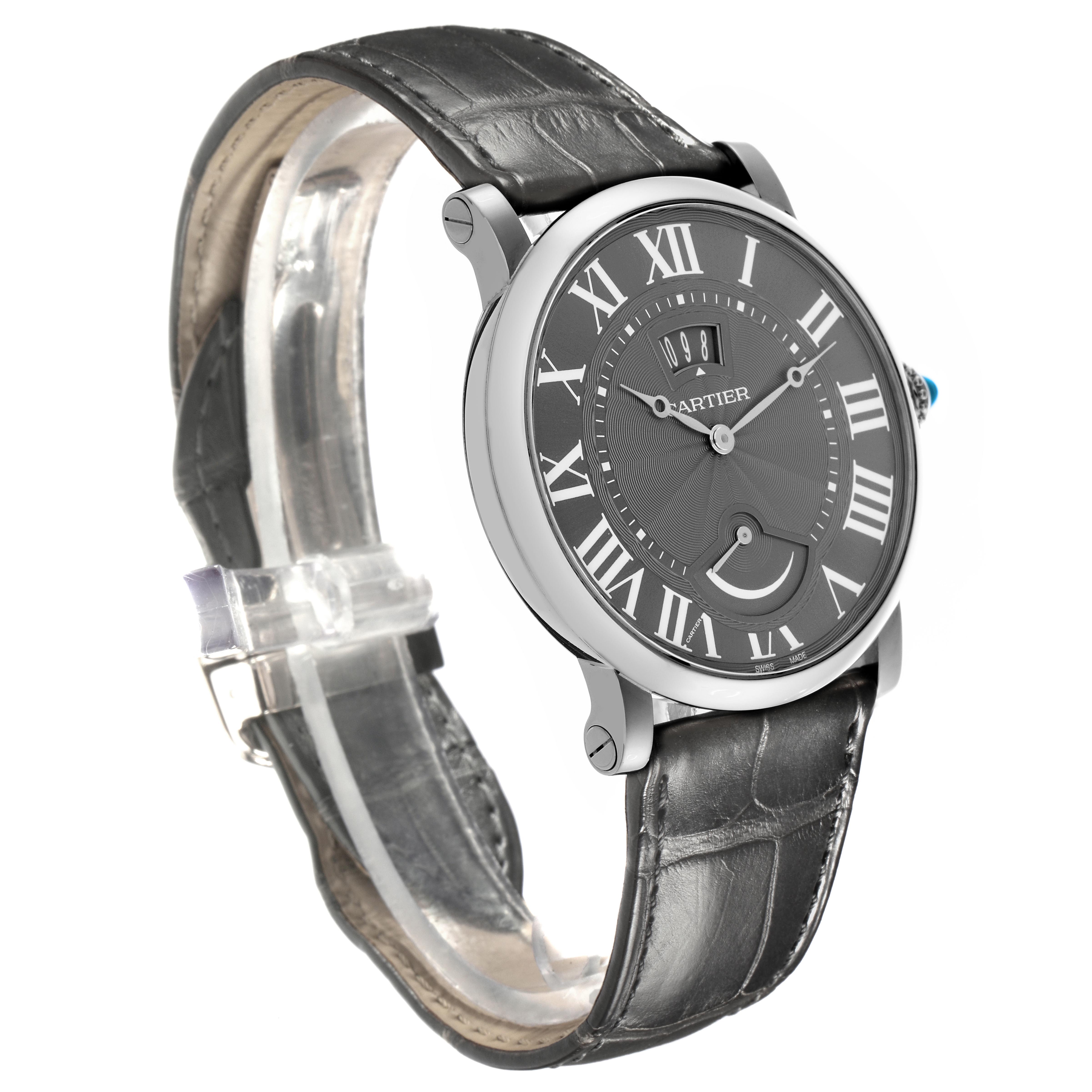 The Rotonde model by Cartier is shown from a side angle, displaying the face, strap, and crown.