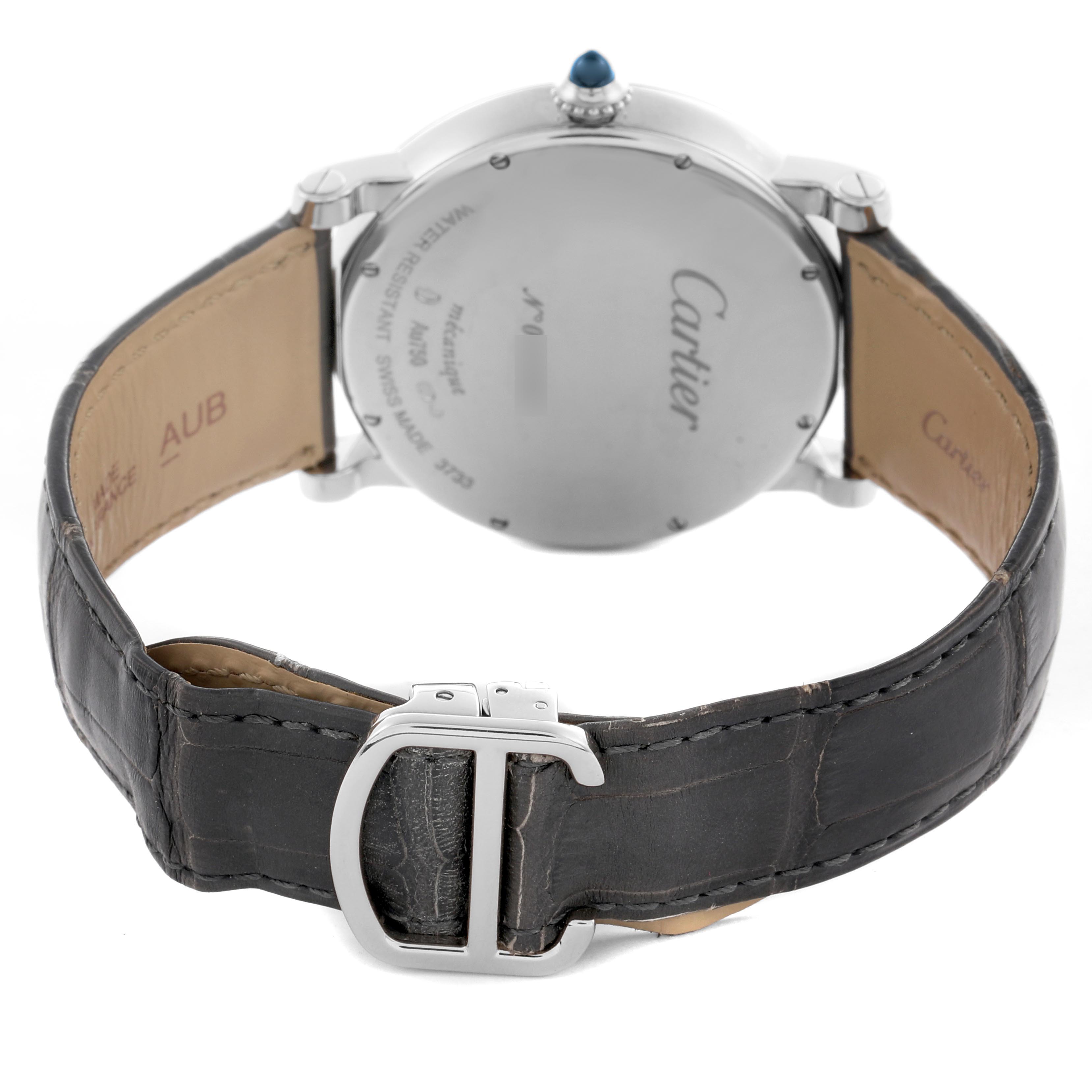 The image shows the back of the Cartier Rotonde W1556253 Men's White Gold Grey Dial W1556253 Men's White Gold Grey Dial watch and the strap's buckle, highlighting the case back details.