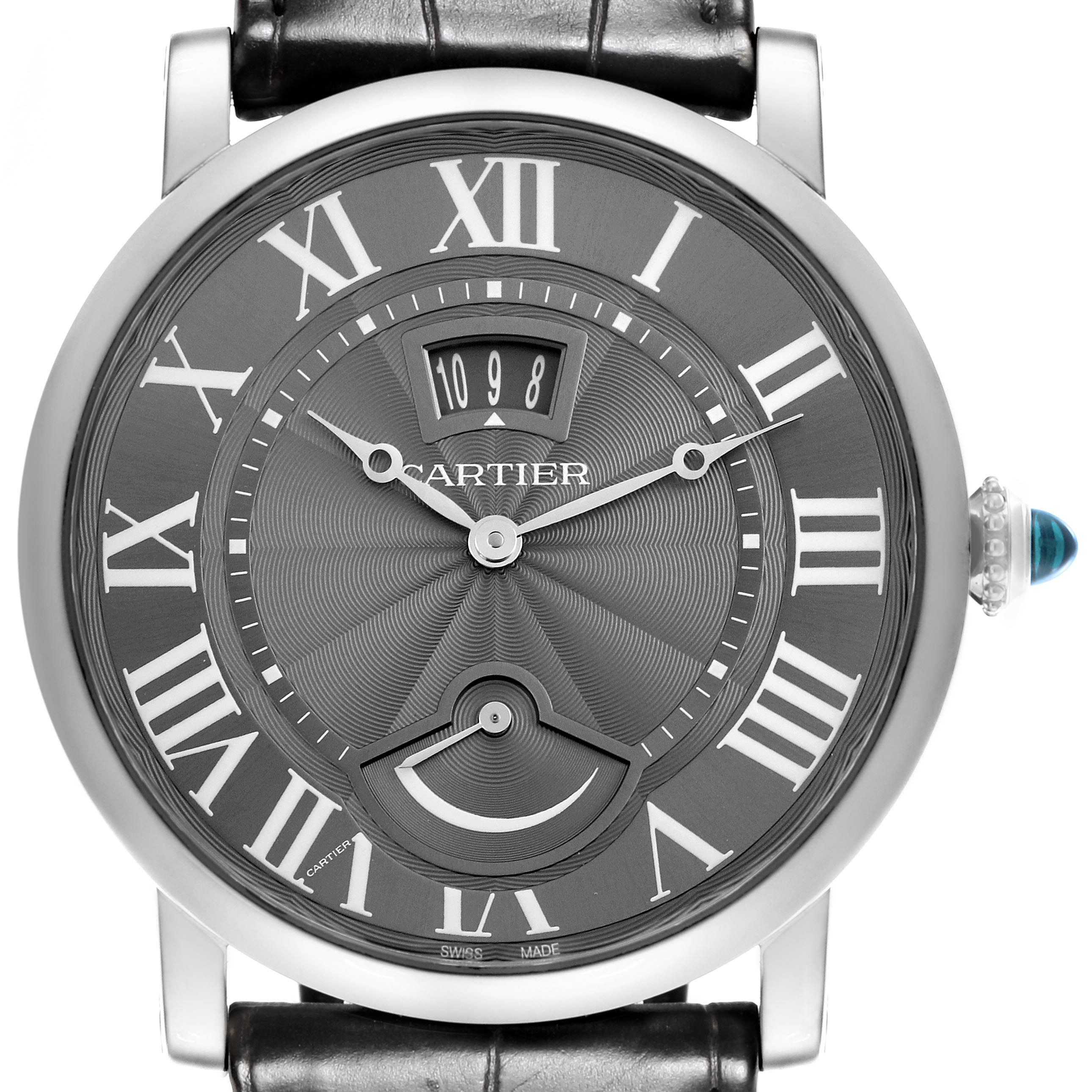 The Cartier Rotonde W1556253 Men's White Gold Grey Dial W1556253 Men's White Gold Grey Dial watch is shown from a front angle, highlighting its dial, Roman numerals, and crown with a blue cabochon.