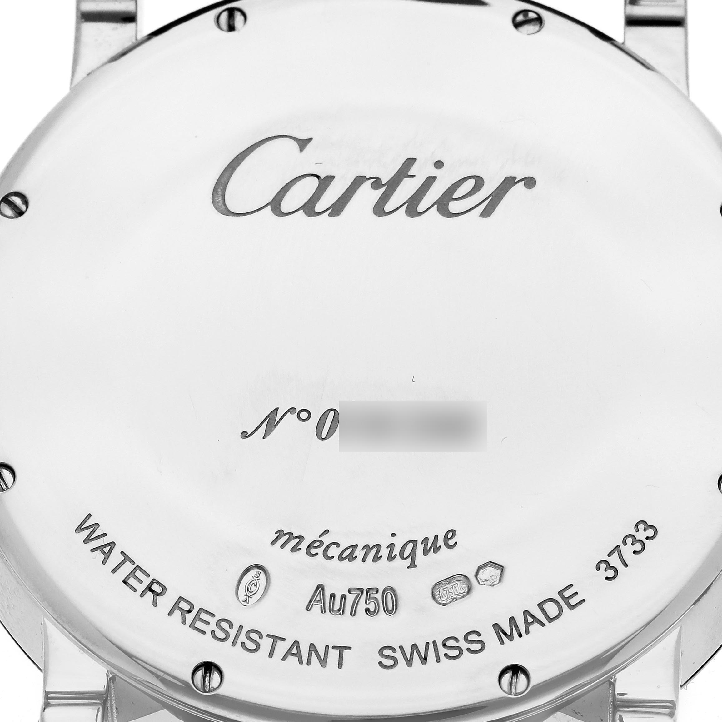 The image shows the back case of a Cartier Rotonde W1556253 Men's White Gold Grey Dial W1556253 Men's White Gold Grey Dial watch, displaying brand details, serial number, and material information.