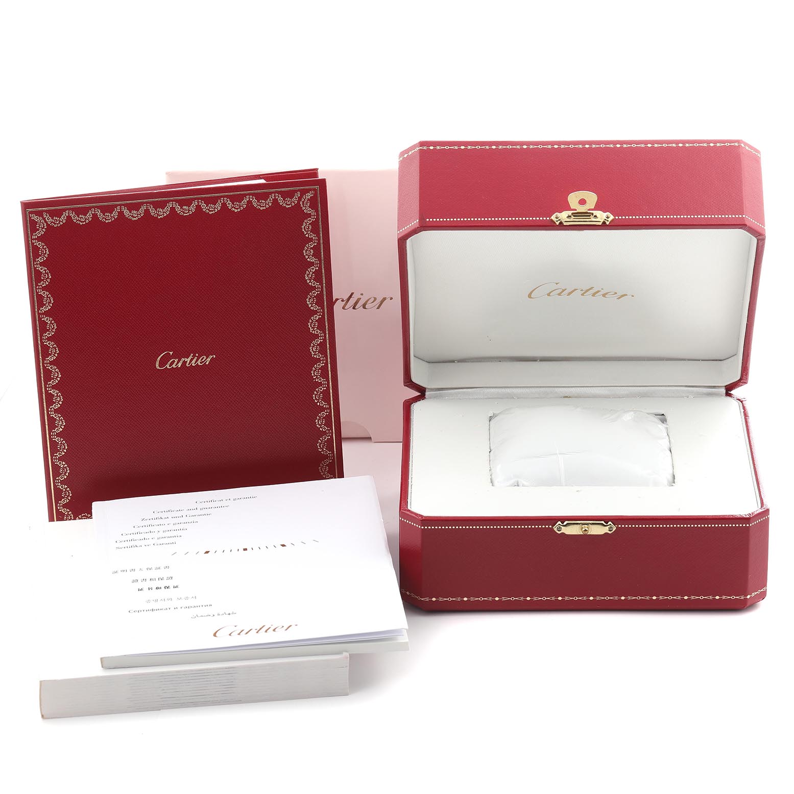 The image shows an open Cartier Rotonde W1556253 Men's White Gold Grey Dial W1556253 Men's White Gold Grey Dial watch box with a cushion and accompanying documents.