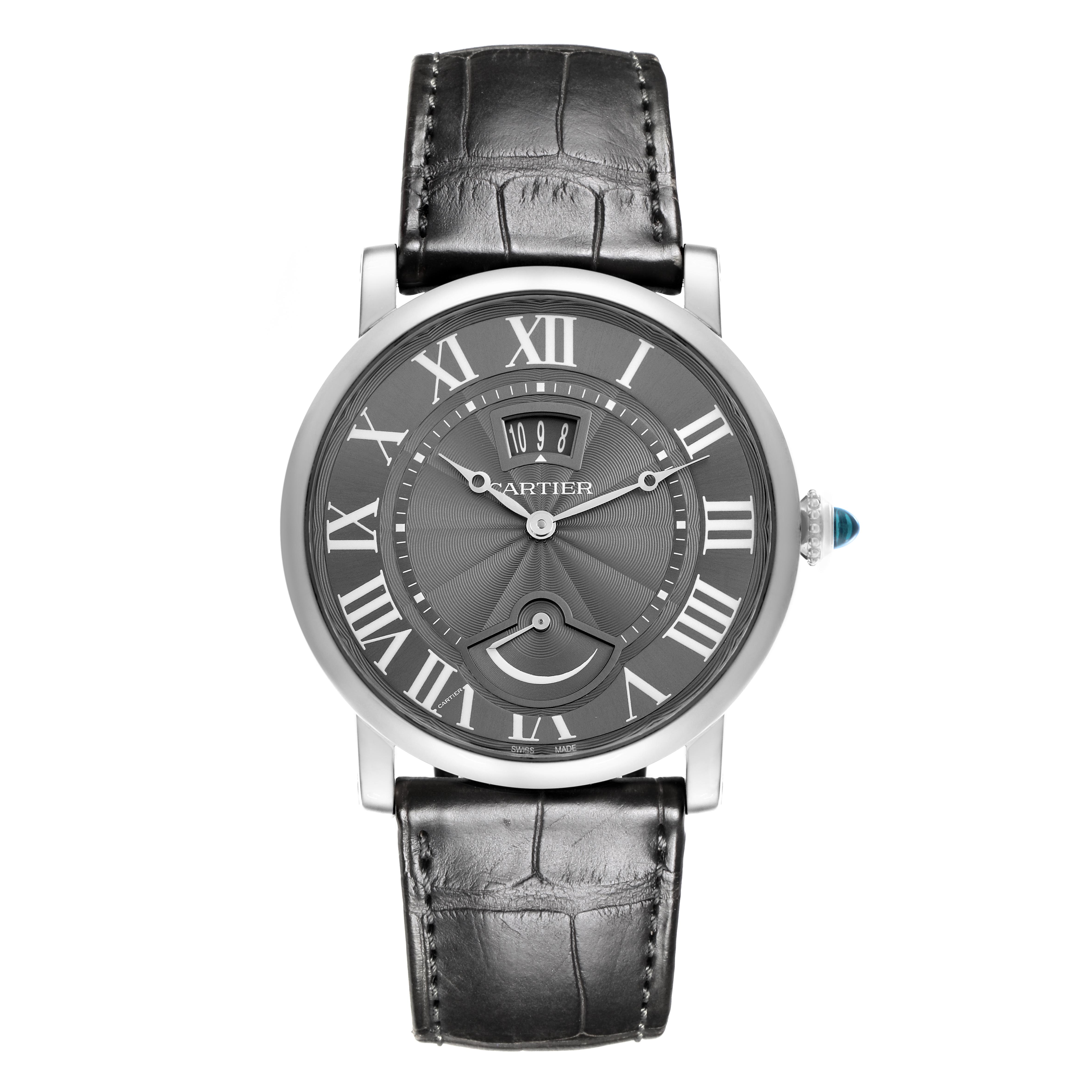 The image shows a front view of the Cartier Rotonde W1556253 Men's White Gold Grey Dial W1556253 Men's White Gold Grey Dial model, displaying the face, Roman numerals, and leather strap.