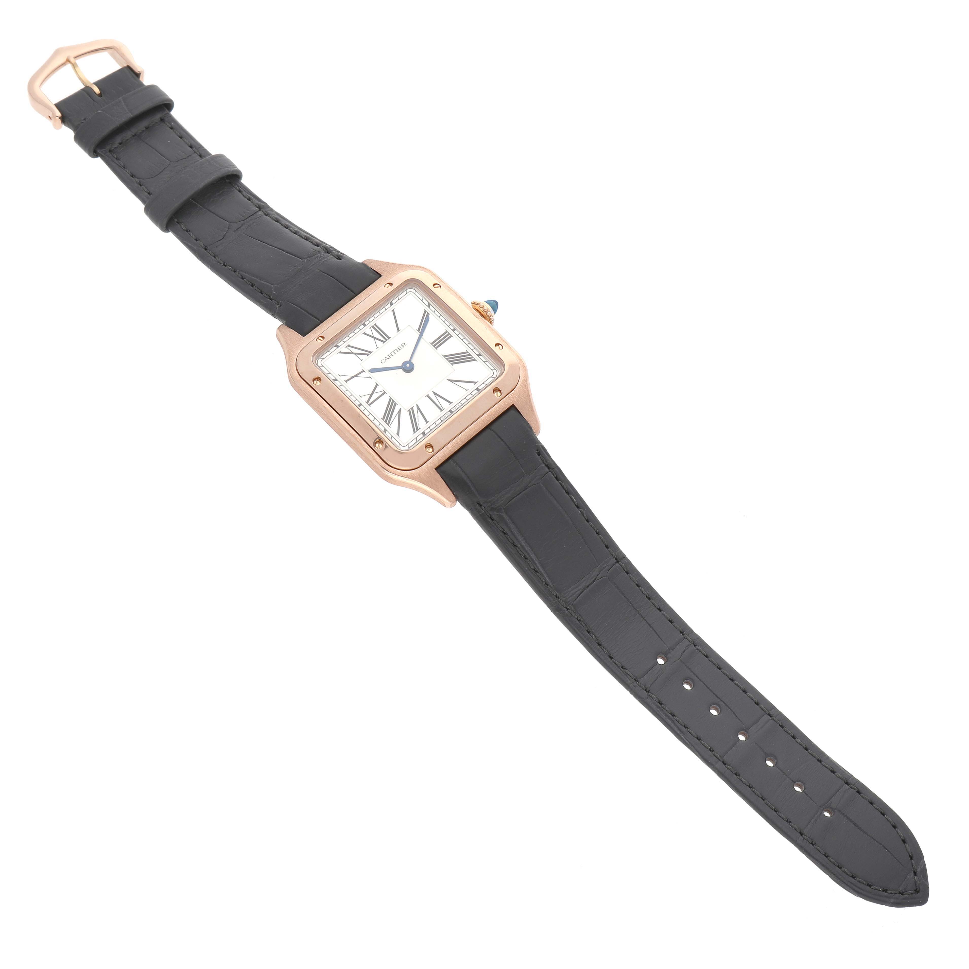 The Cartier Santos Dumont WGSA0021 Men's Rose Gold Silver Dial watch is shown at a slight angle, displaying the face, case, and full leather strap.