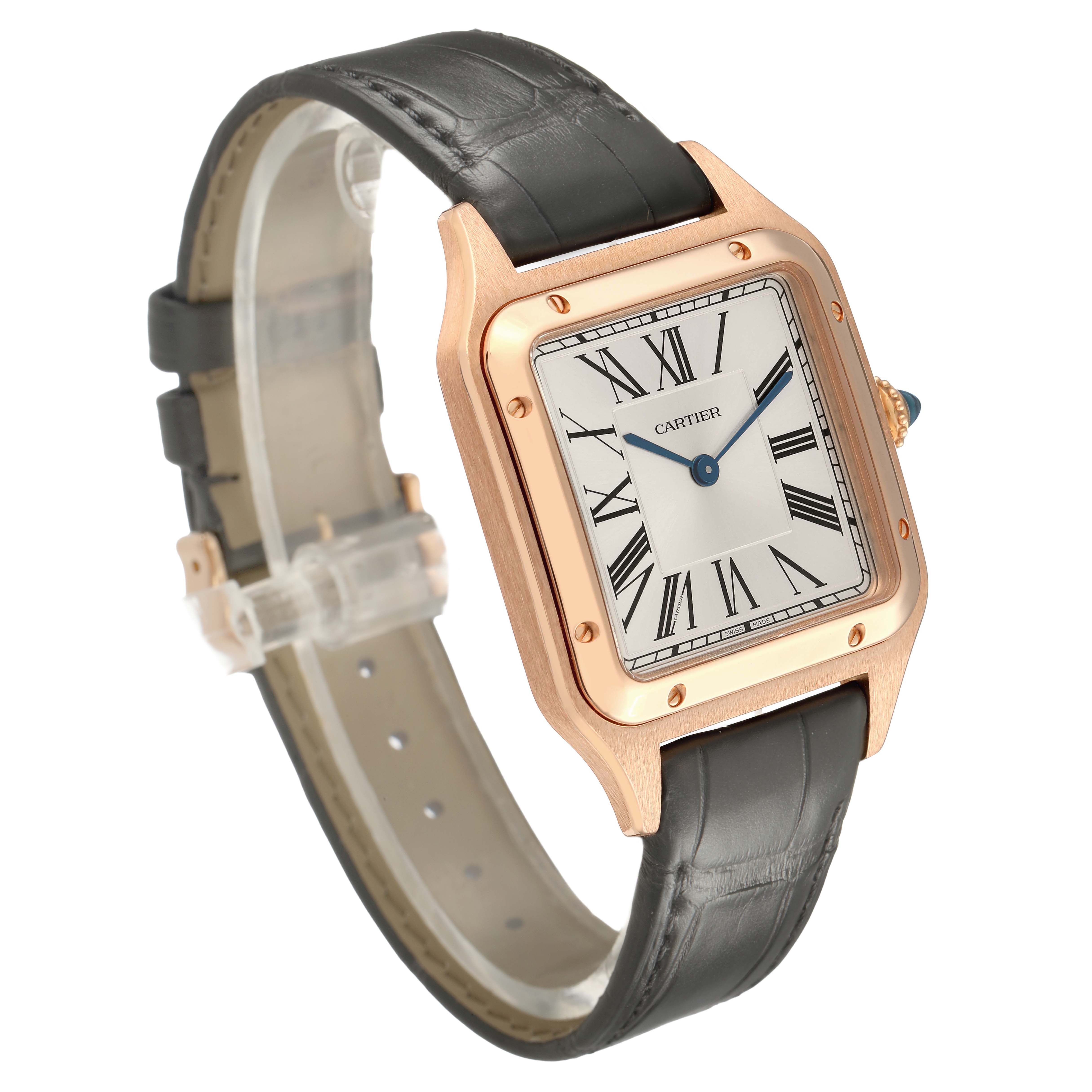 The Cartier Santos Dumont WGSA0021 Men's Rose Gold Silver Dial watch is shown at a three-quarter angle, highlighting the face, rose gold case, and leather strap.