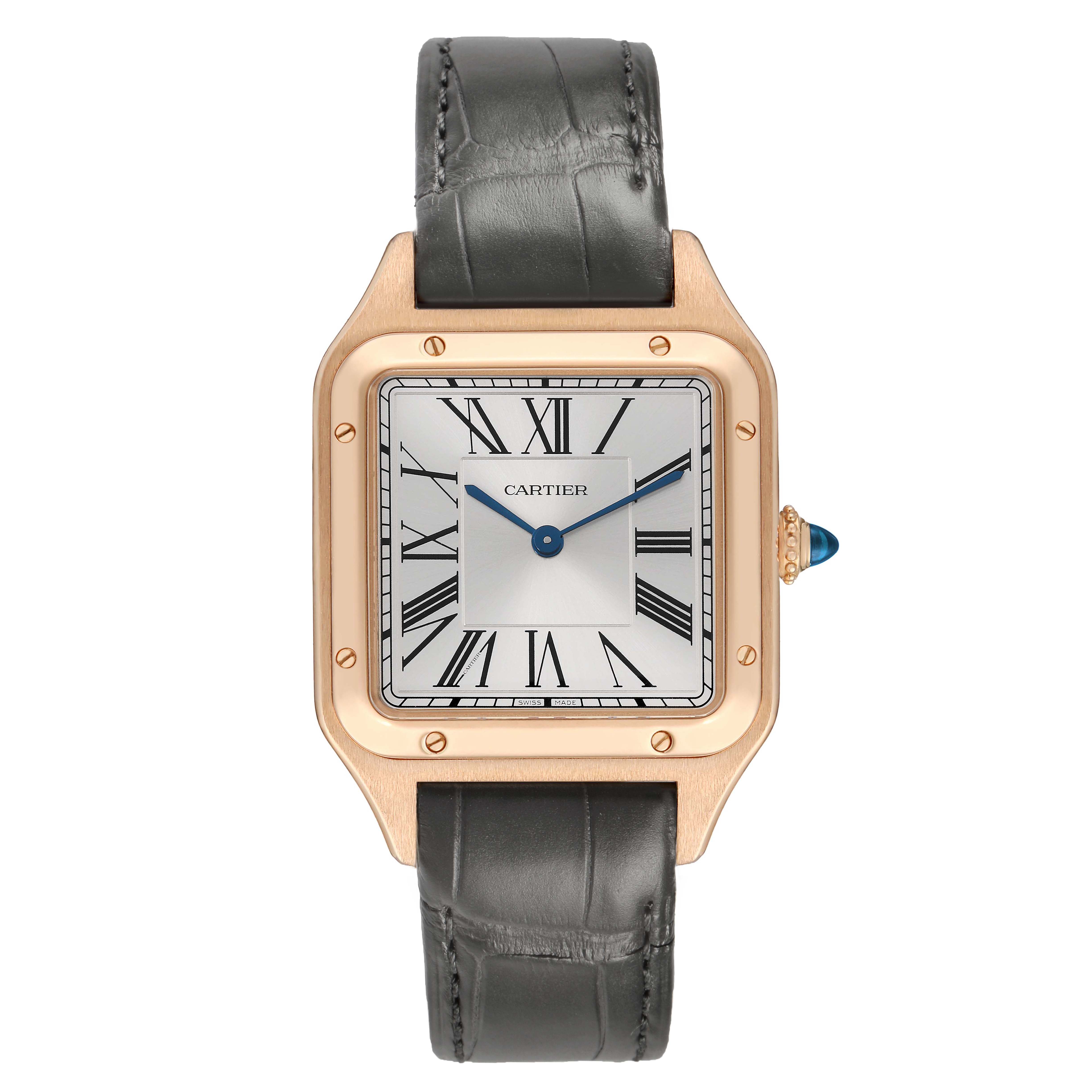 The Cartier Santos Dumont WGSA0021 Men's Rose Gold Silver Dial watch is shown from a top-down angle, displaying the rectangular face, roman numerals, and leather strap.