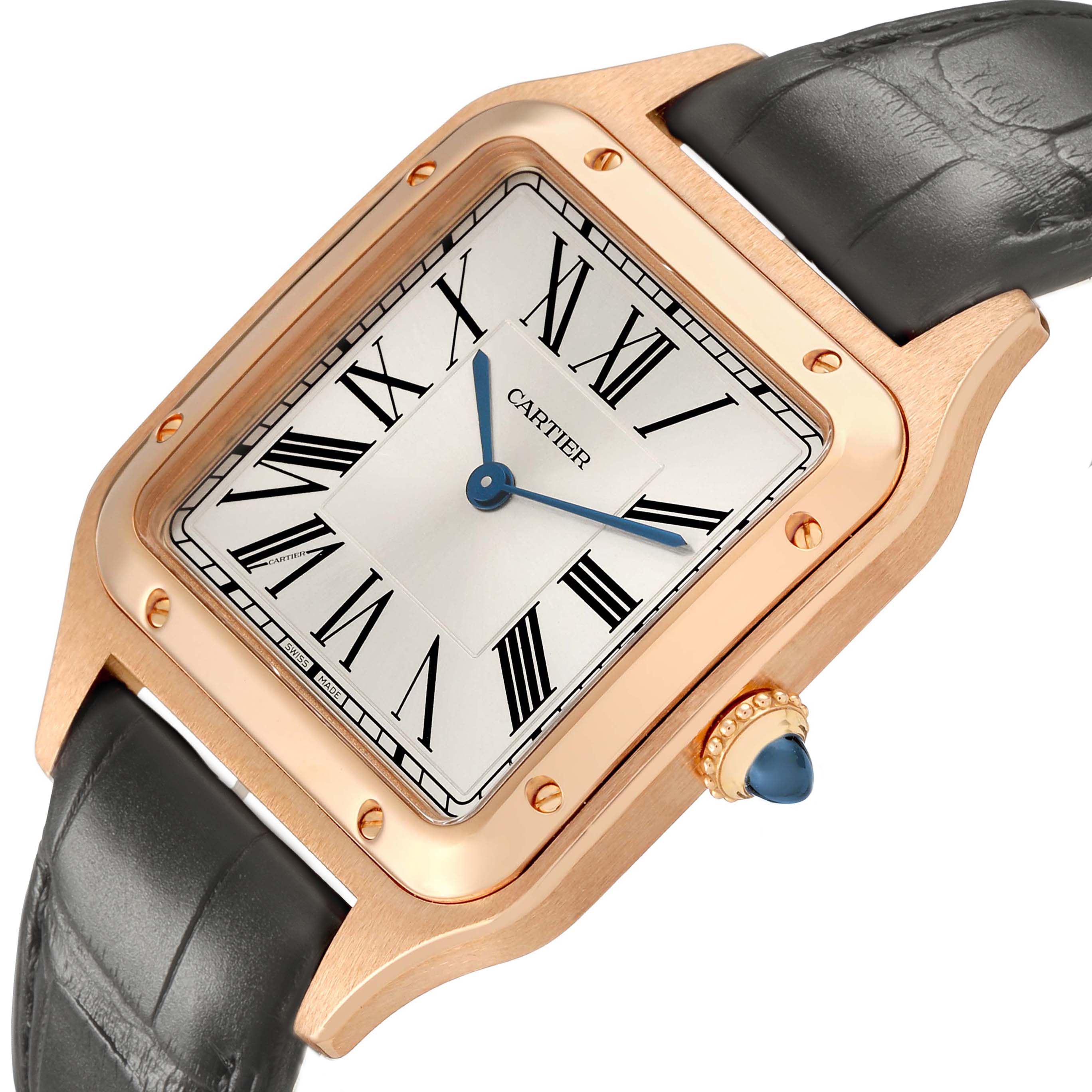 The image shows a Cartier Santos Dumont WGSA0021 Men's Rose Gold Silver Dial watch at an angled view, highlighting its square case, Roman numerals, blue hands, and leather strap.