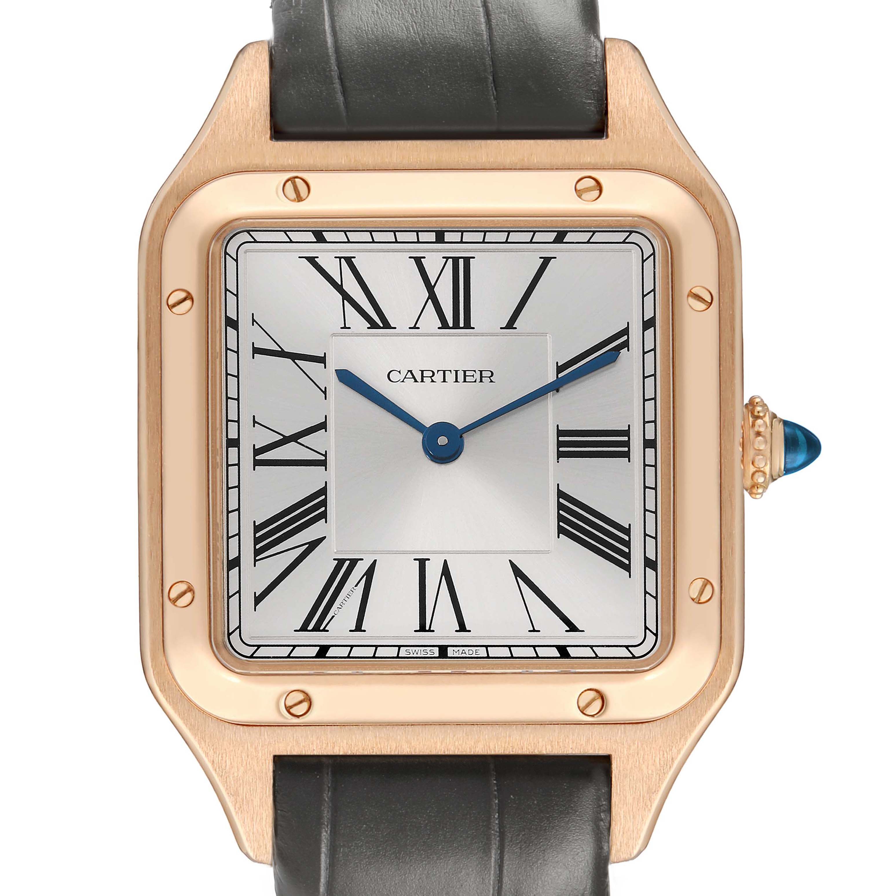 The Cartier Santos Dumont WGSA0021 Men's Rose Gold Silver Dial watch is shown from the front, highlighting its square face, Roman numerals, and leather strap.