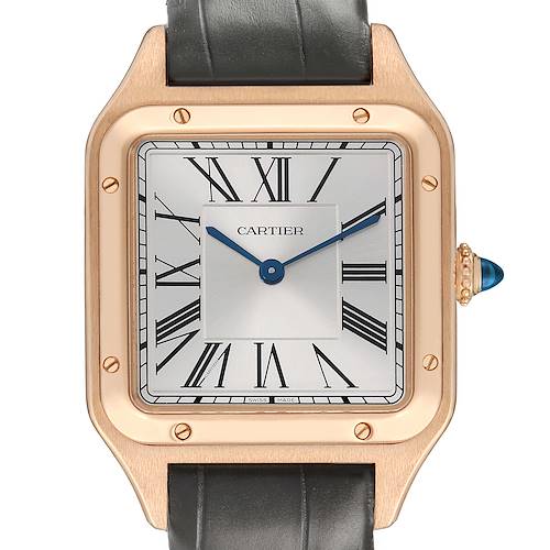 The Cartier Santos Dumont WGSA0021 Men's Rose Gold Silver Dial watch is shown from a front angle, highlighting the dial, Roman numerals, and bezel.