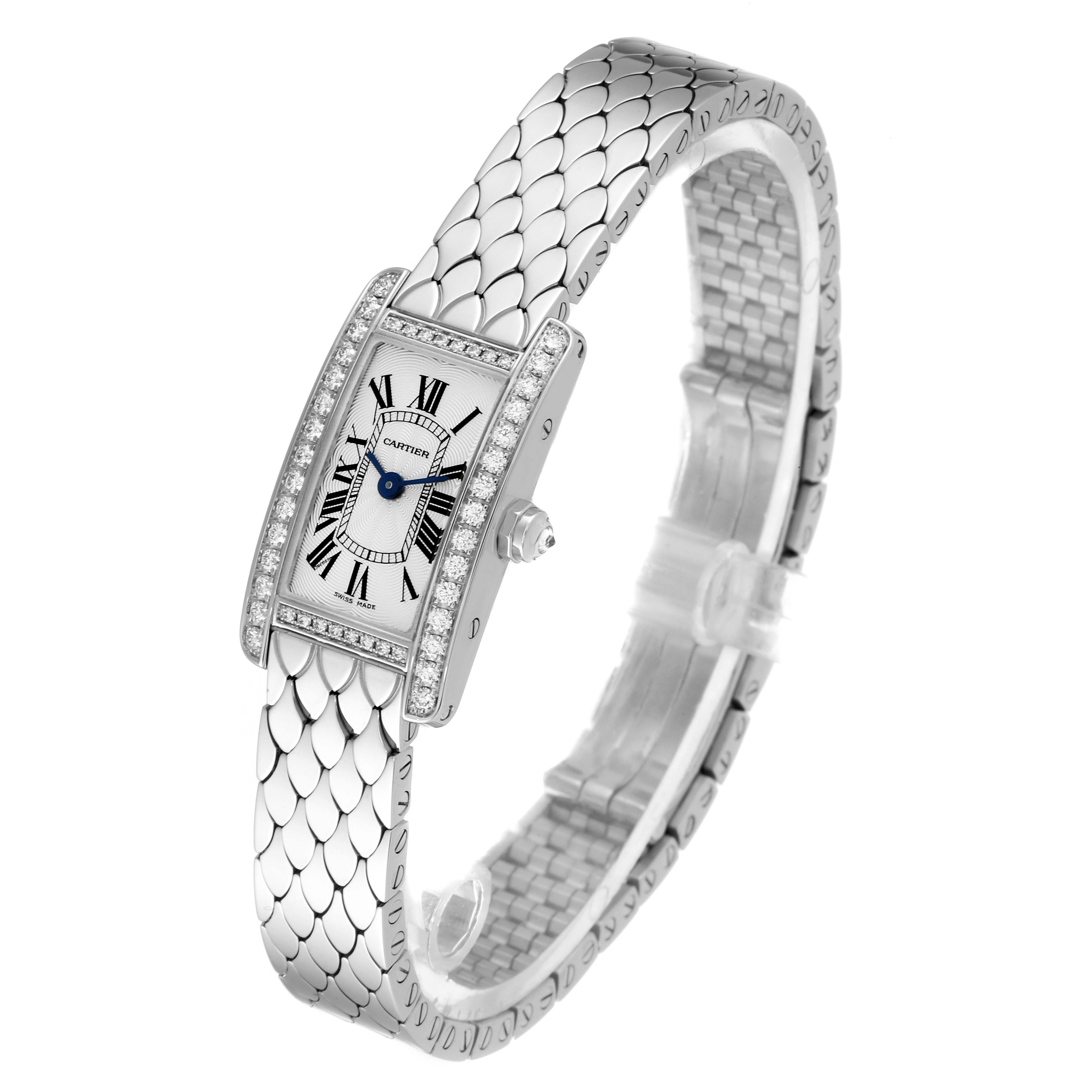 The image shows a Cartier Tank Americaine WB710013 Women's White Gold Silver Dial WB710013 Women's White Gold Silver Dial watch at a slight angle, highlighting the dial, bezel, and bracelet.