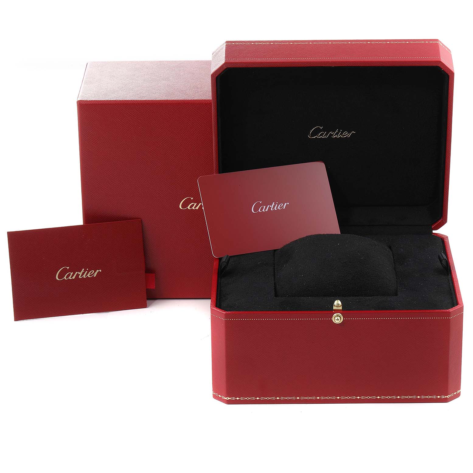 The image shows the open packaging for a Cartier Tank Américaine watch, including the red box, certificate, and display cushion.