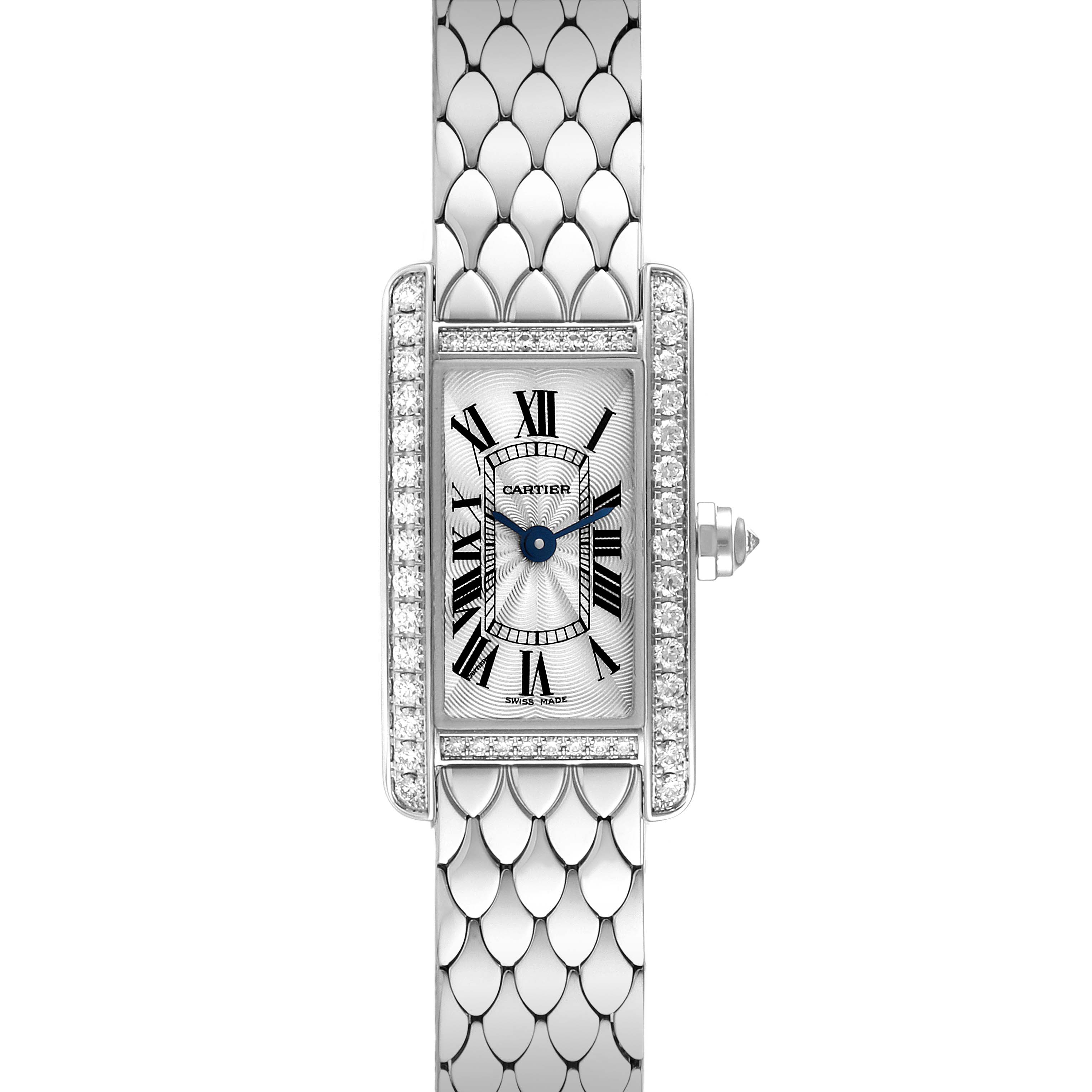 The image shows a Cartier Tank Americaine WB710013 Women's White Gold Silver Dial WB710013 Women's White Gold Silver Dial watch from a front view, highlighting its face, bracelet, and diamond accents.